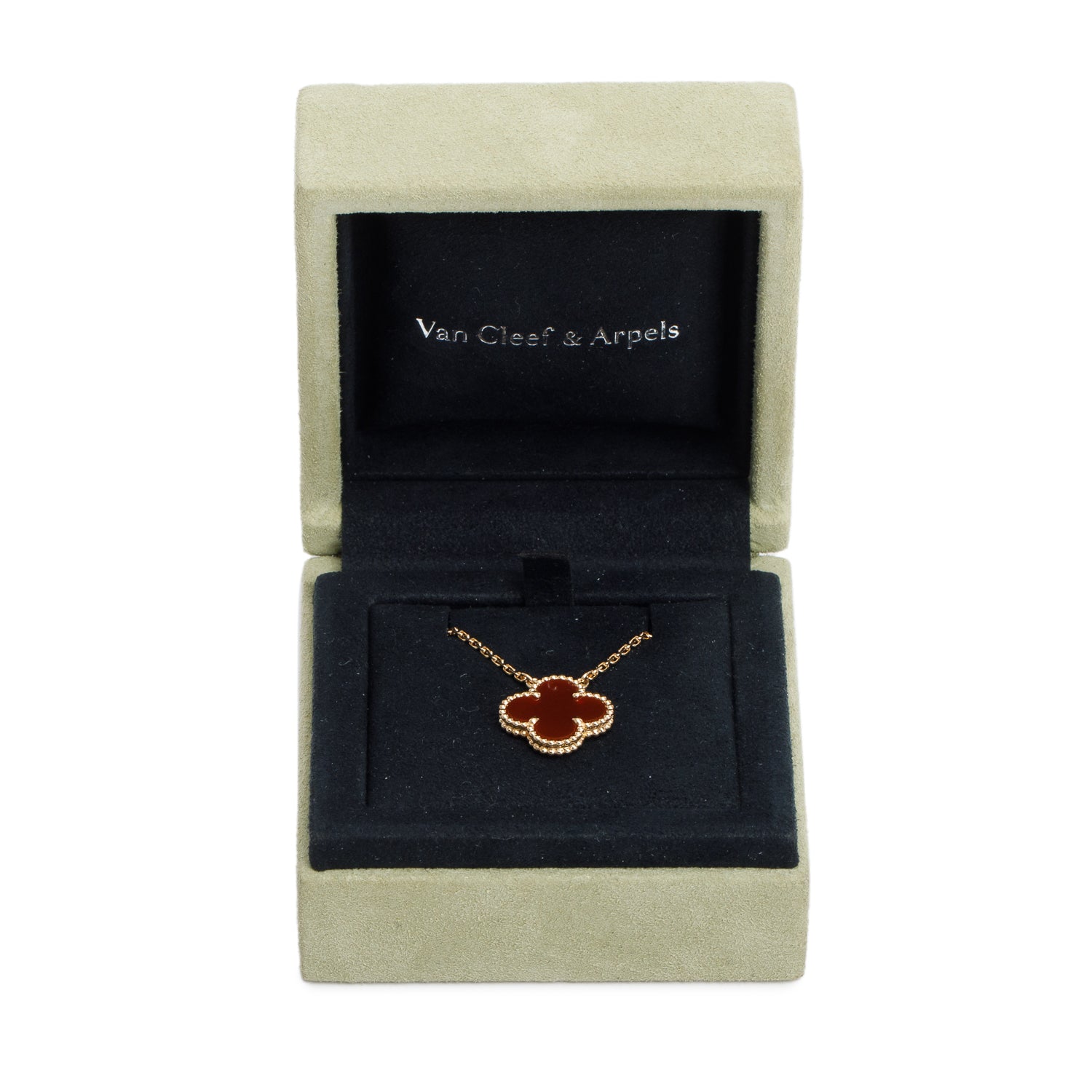 Van Cleef & Arpels 18k Yellow Gold Vintage Alhambra Carnelian Pendant Necklace w/ Box & Receipt