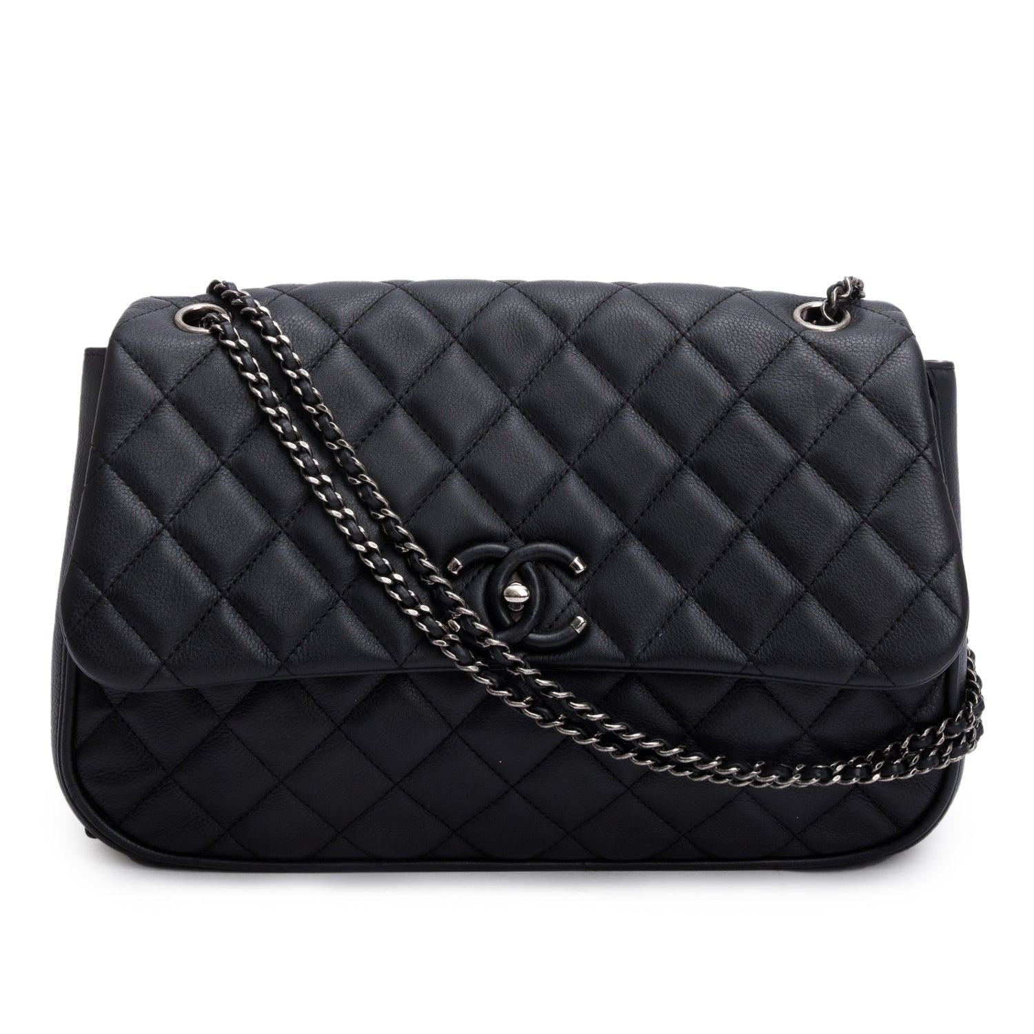 Chanel Black Quilted Calfskin Leather Large Frame In Chain Flap Bag w/ Authenticity Card