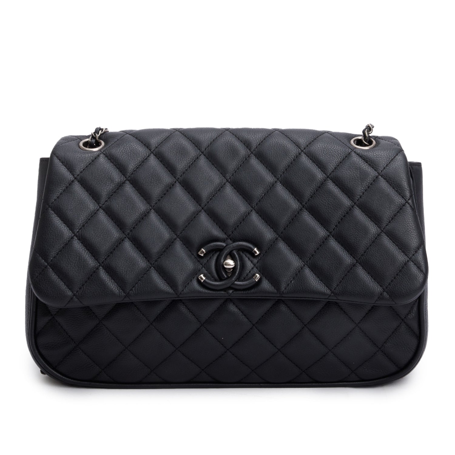 Chanel Black Quilted Calfskin Leather Large Frame In Chain Flap Bag w/ Authenticity Card