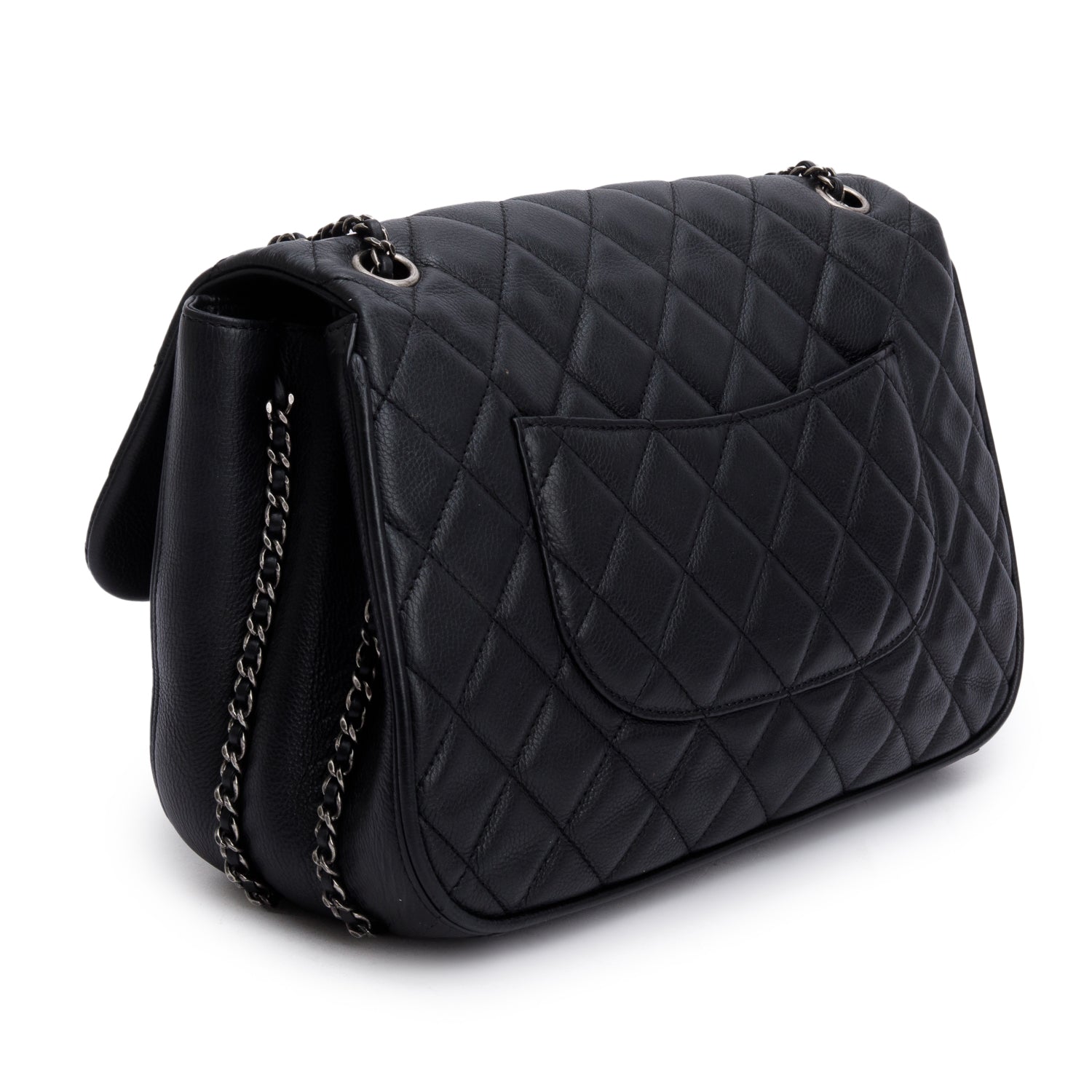 Chanel Black Quilted Calfskin Leather Large Frame In Chain Flap Bag w/ Authenticity Card