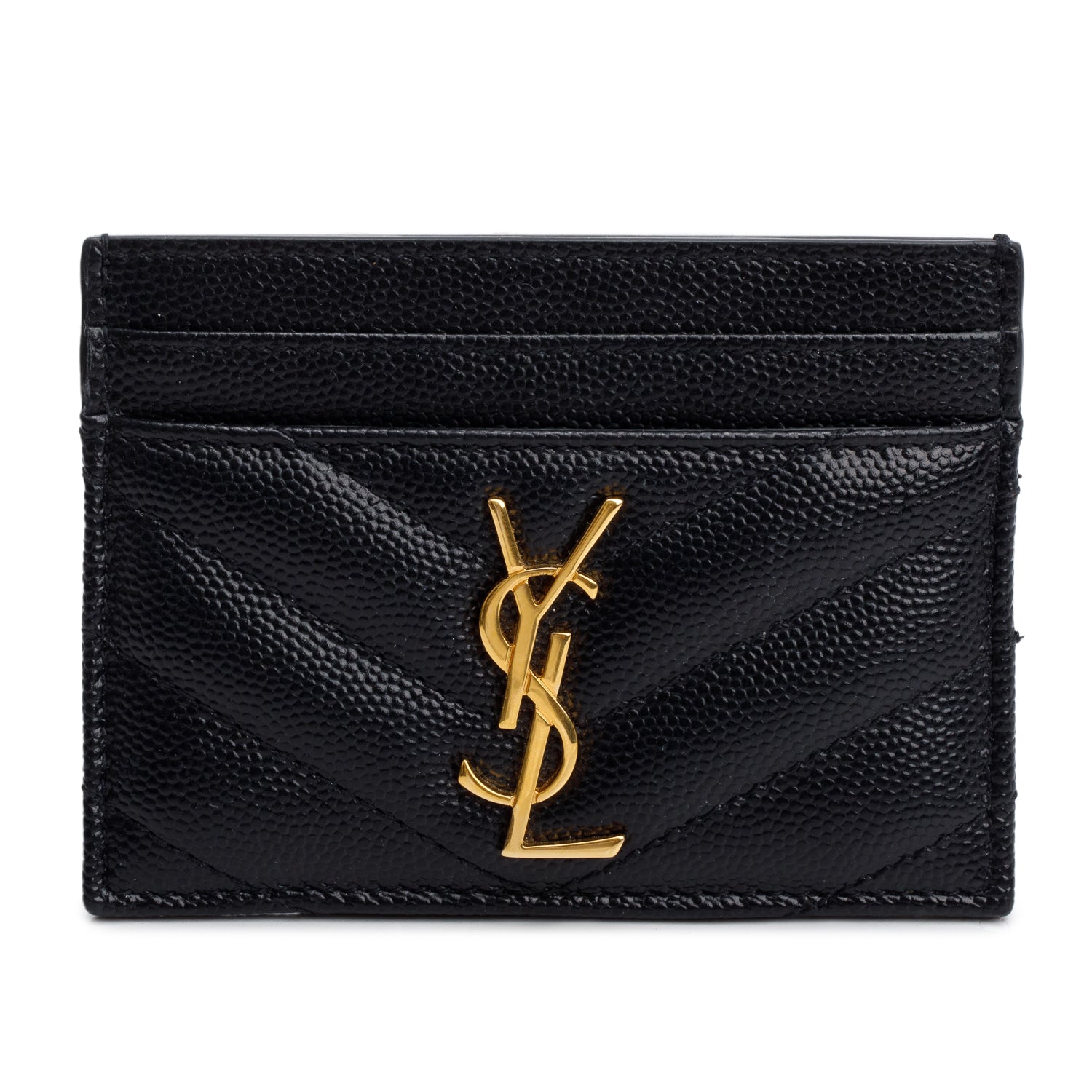 Saint Laurent Black Grain de Poudre Matelasse Chevron Leather Card Holder w/ Box