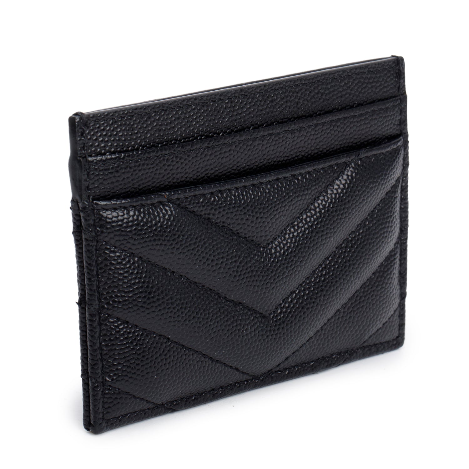 Saint Laurent Black Grain de Poudre Matelasse Chevron Leather Card Holder w/ Box