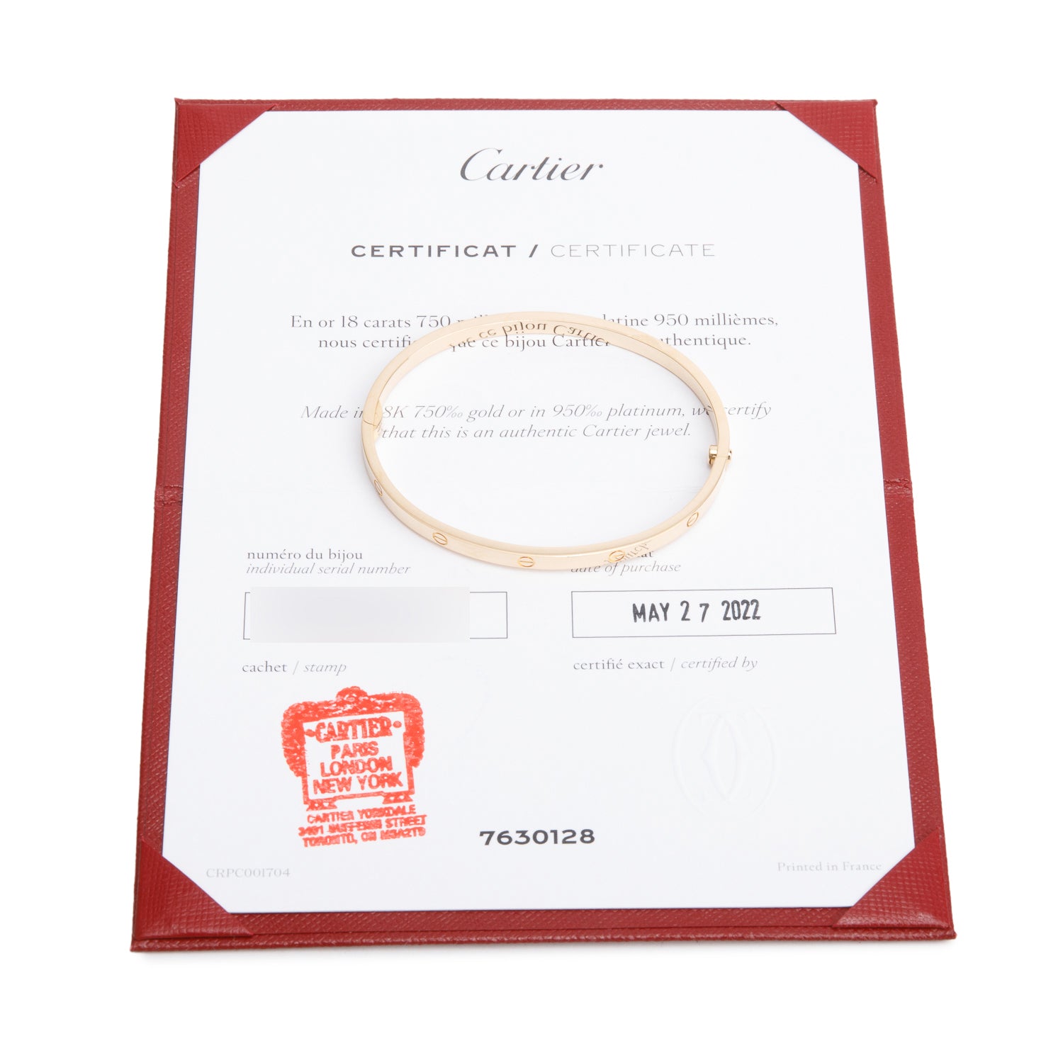 Cartier 18k Yellow Gold 3.65 MM Love Bracelet, Small Model, Size 17 w/ Certificate & Receipt