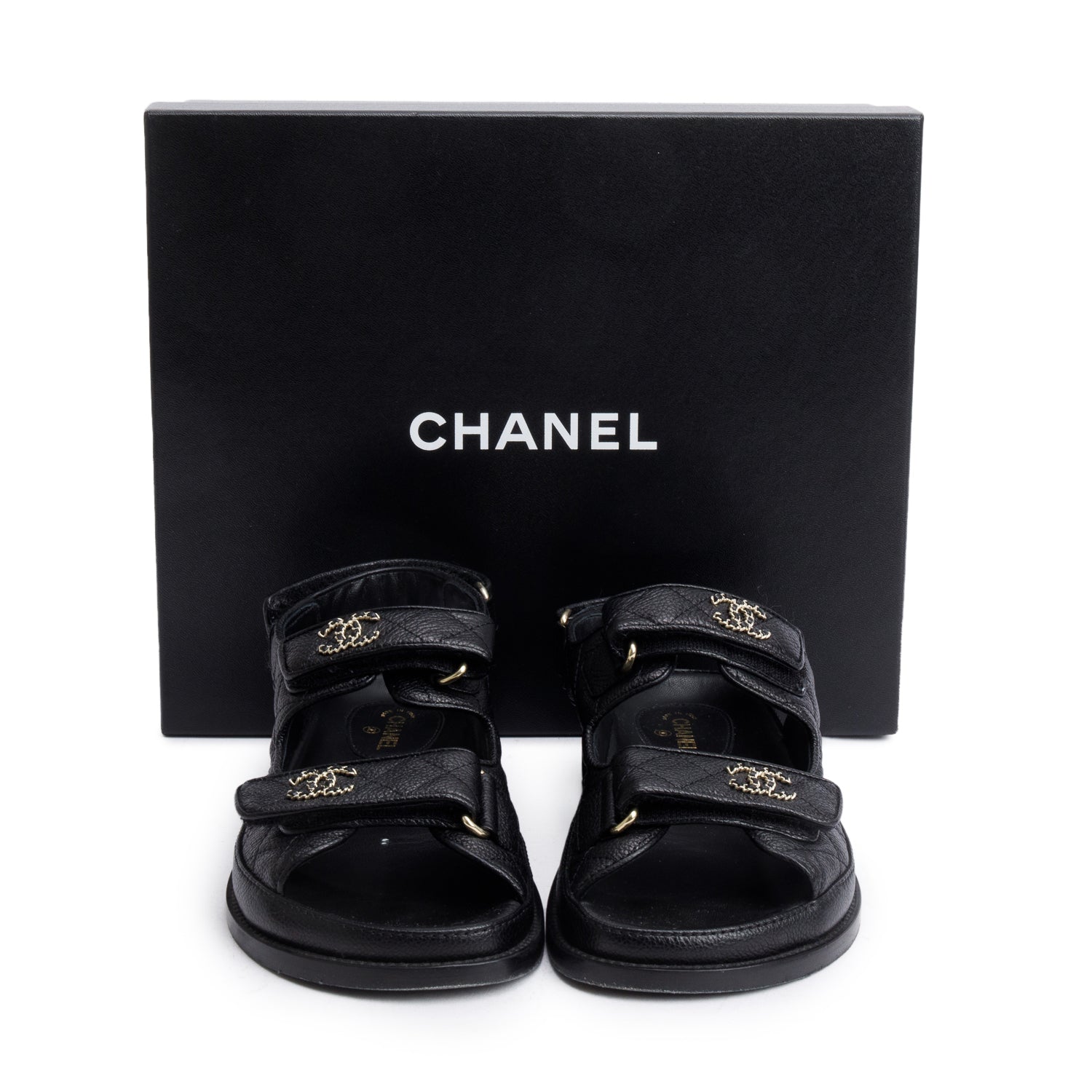 Chanel Black Caviar Leather Interlocking CC Logo Sandals, Size 36.5 w/ Box