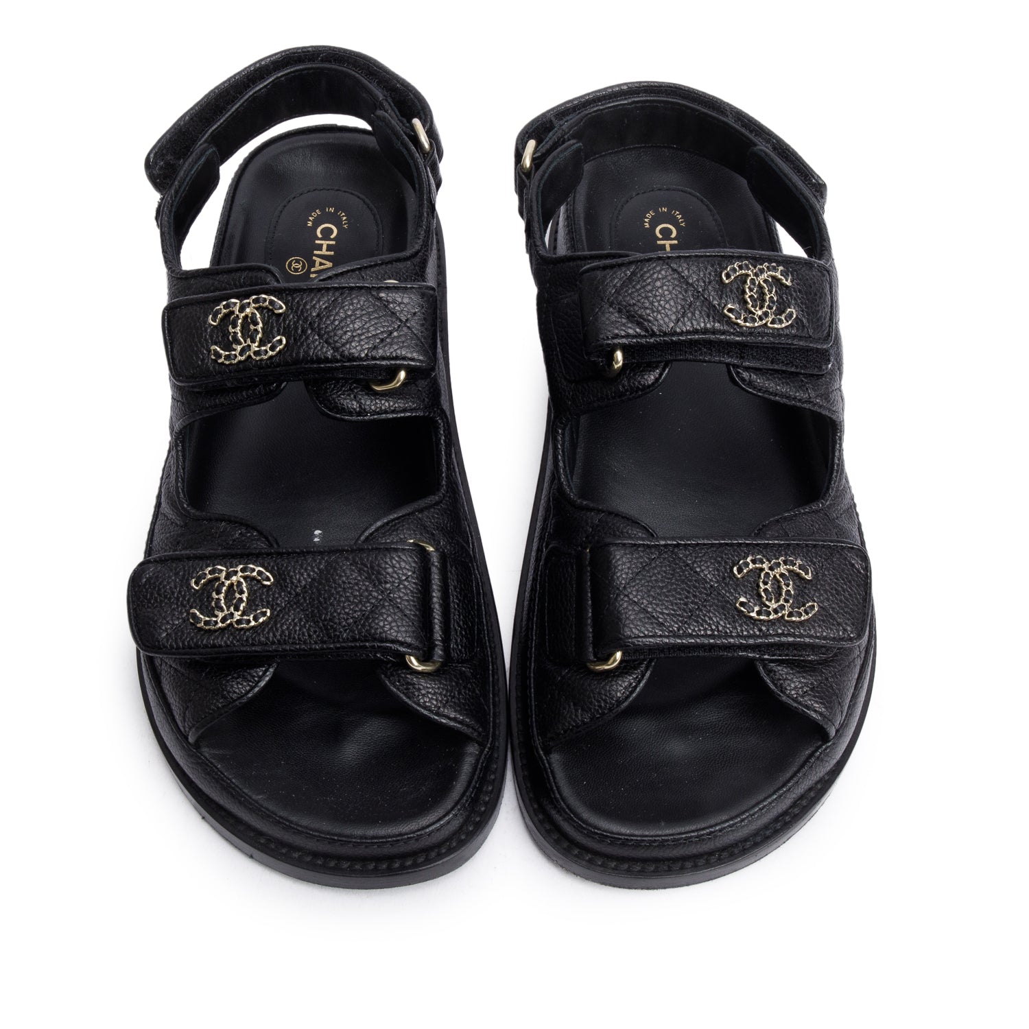 Chanel Black Caviar Leather Interlocking CC Logo Sandals, Size 36.5 w/ Box