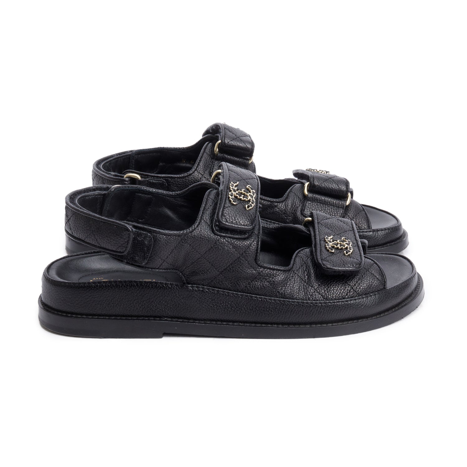 Chanel Black Caviar Leather Interlocking CC Logo Sandals, Size 36.5 w/ Box