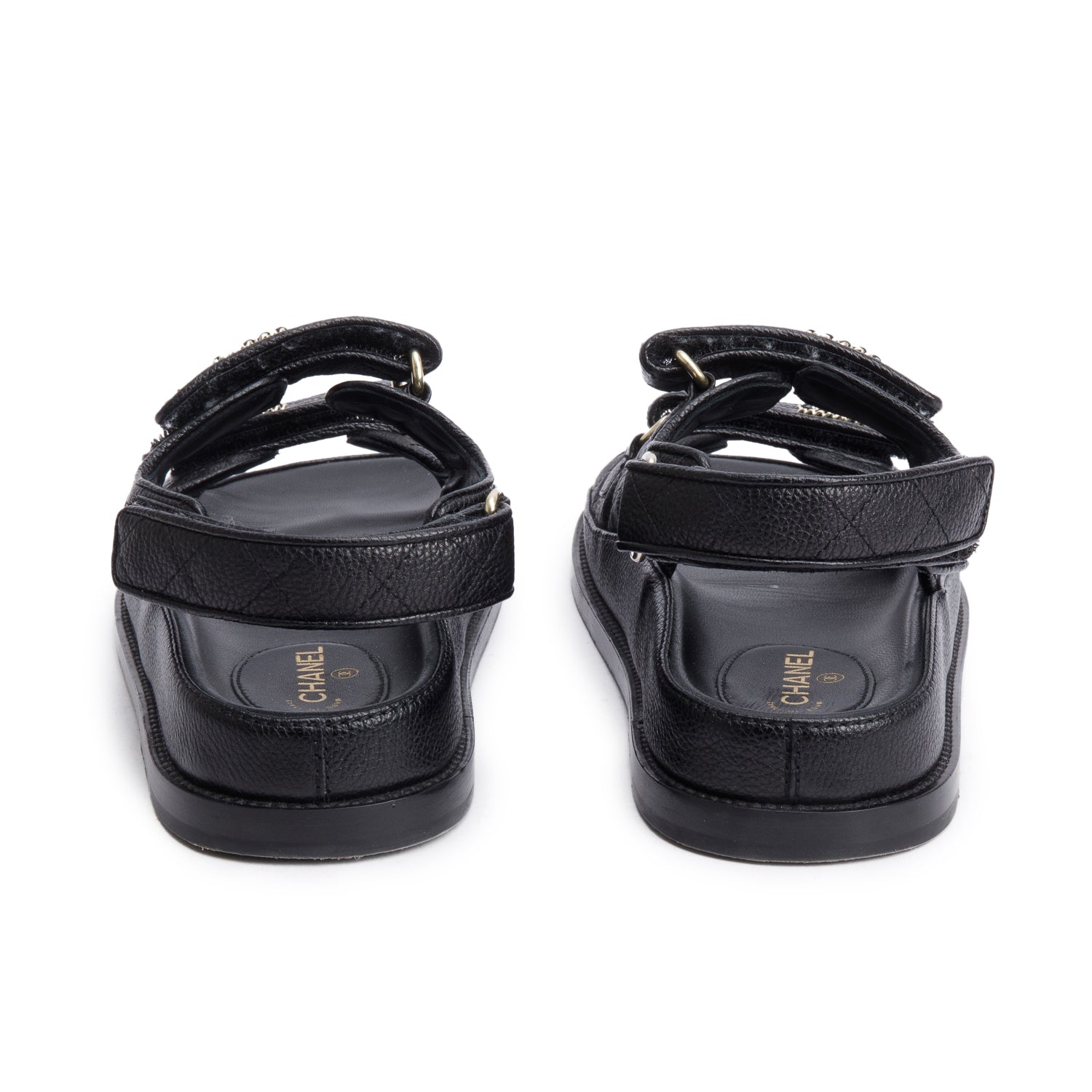 Chanel Black Caviar Leather Interlocking CC Logo Sandals, Size 36.5 w/ Box