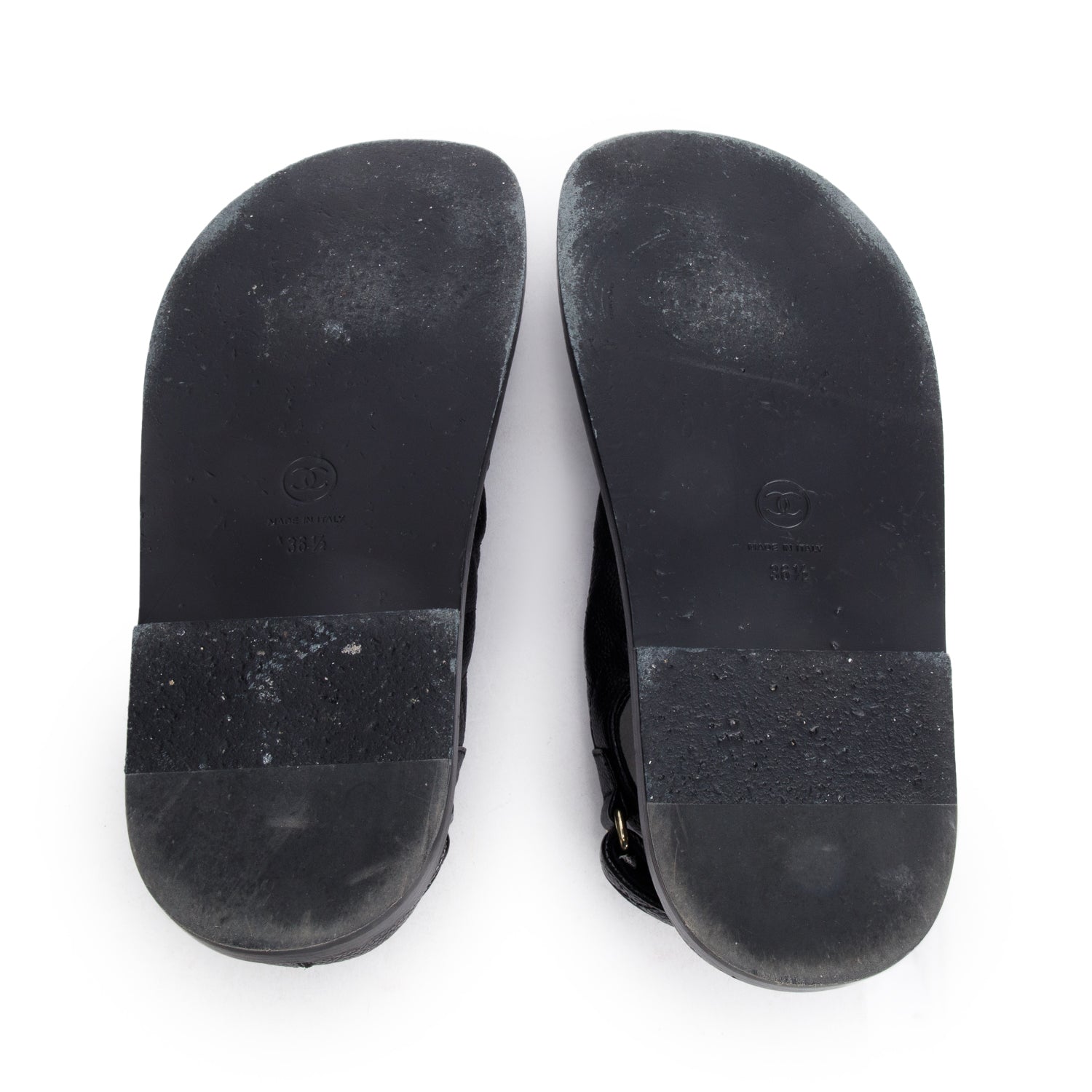 Chanel Black Caviar Leather Interlocking CC Logo Sandals, Size 36.5 w/ Box