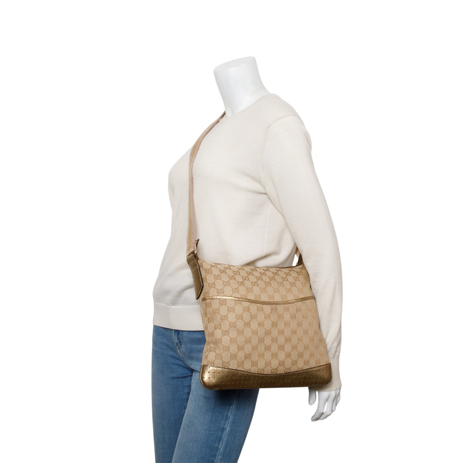 Gucci Gold Leather Trim GG Canvas Perforated Medium Messenger Bag