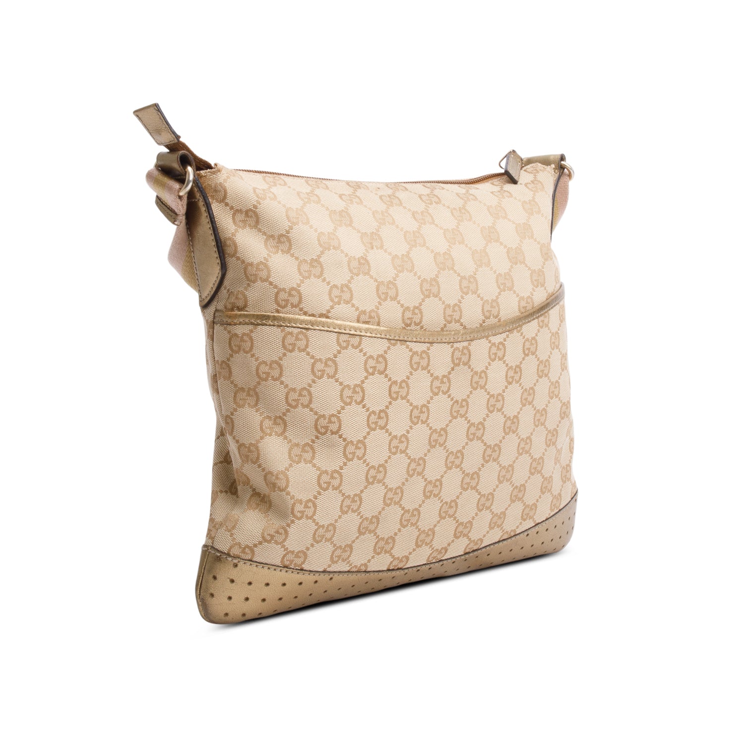 Gucci Gold Leather Trim GG Canvas Perforated Medium Messenger Bag