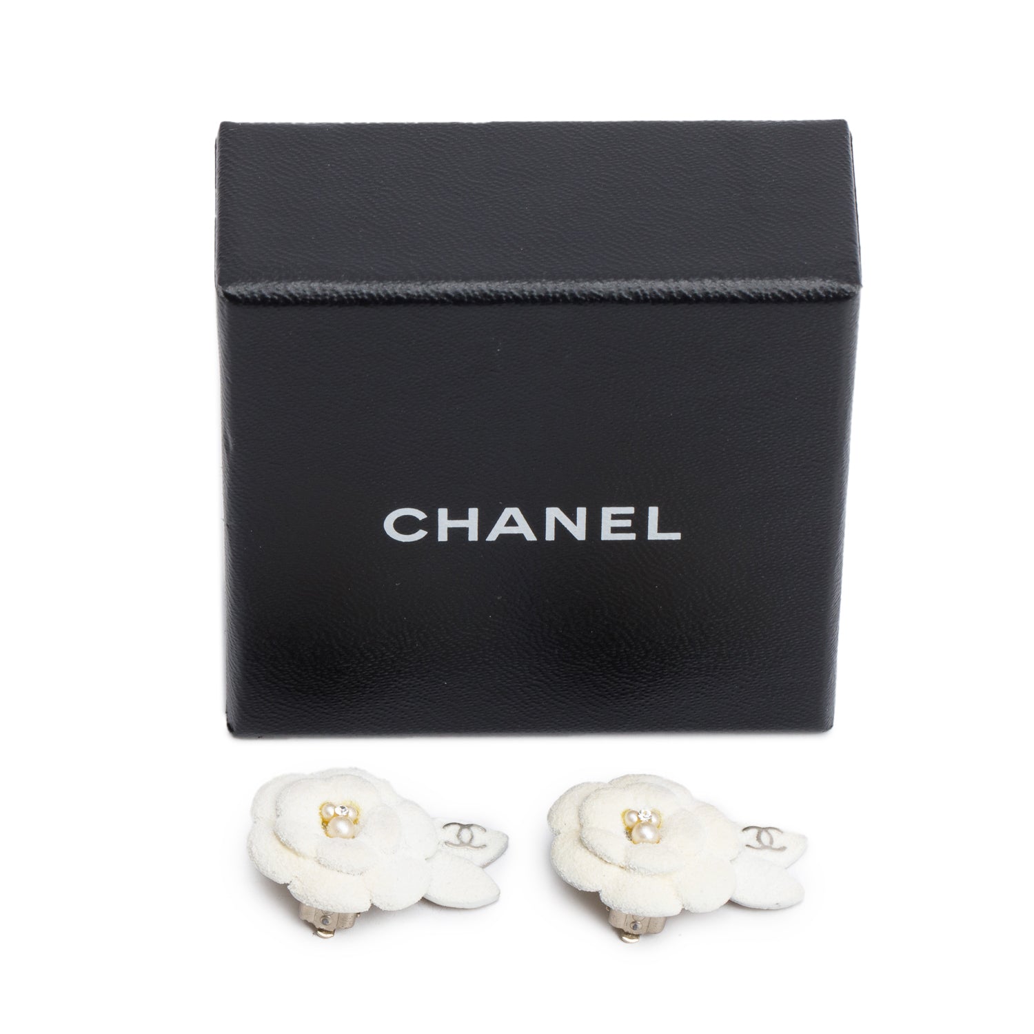 Chanel Vintage Silver Plated Faux Pearl & Strass Ivory Ceramic Camellia Flower CC Clip-On Earrings w/ Box