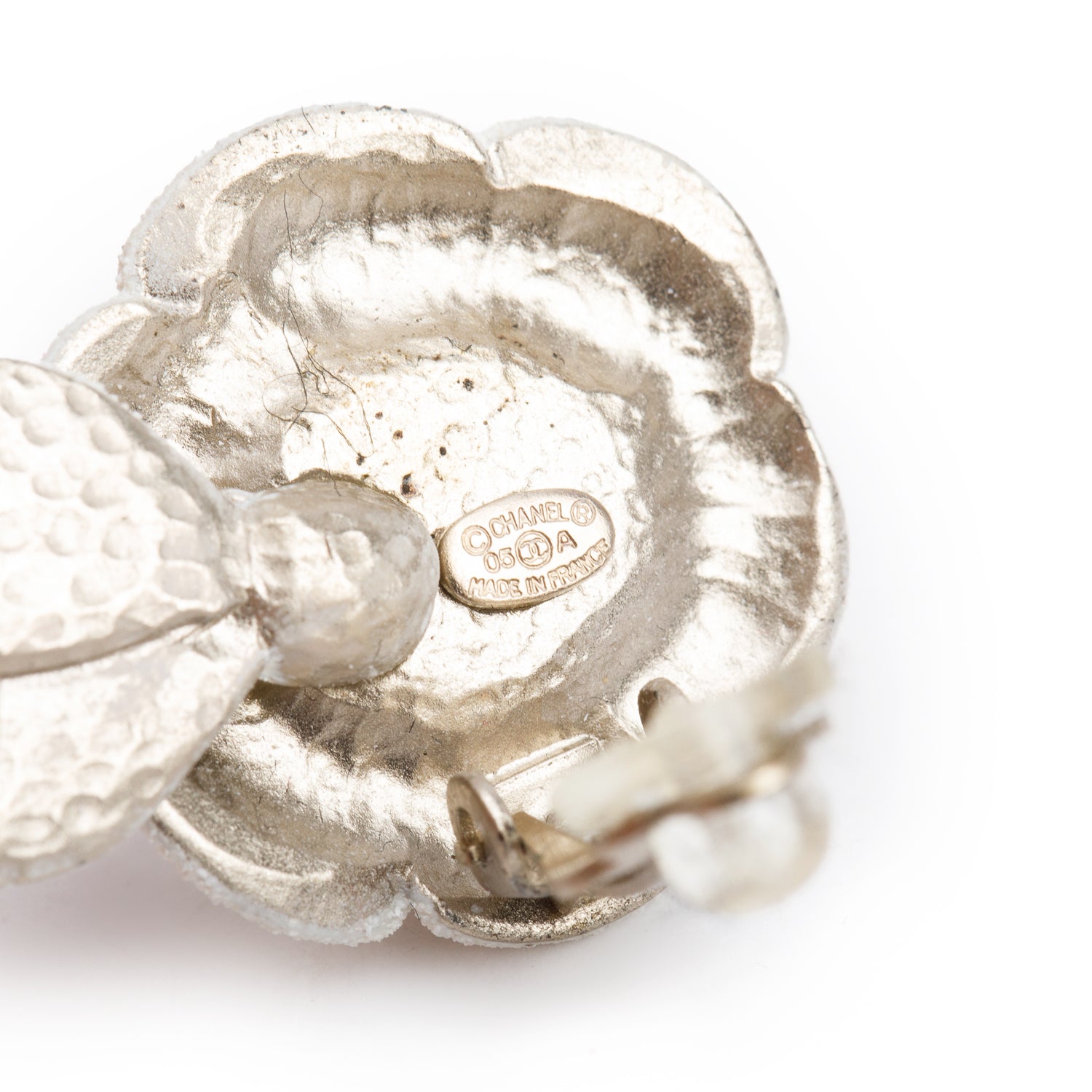 Chanel Vintage Silver Plated Faux Pearl & Strass Ivory Ceramic Camellia Flower CC Clip-On Earrings w/ Box
