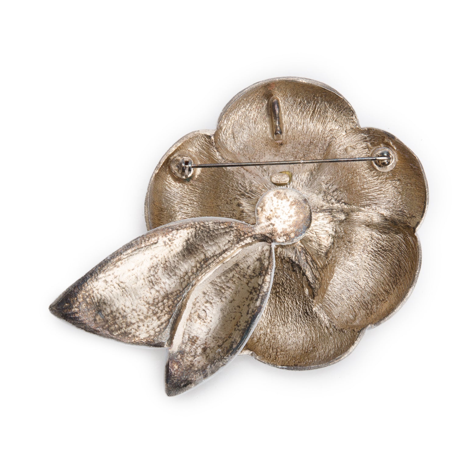 Chanel Vintage Silver Plated Faux Pearl & Strass Ivory Ceramic Large Camellia Flower CC Brooch w/ Box