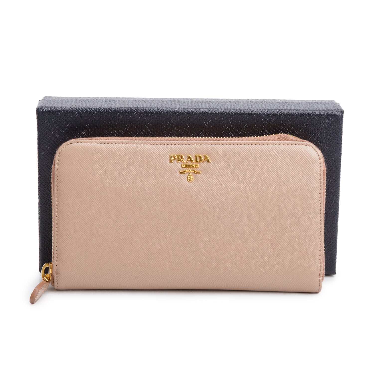 Prada Beige Saffiano Leather Zip Around Wallet w/ Box
