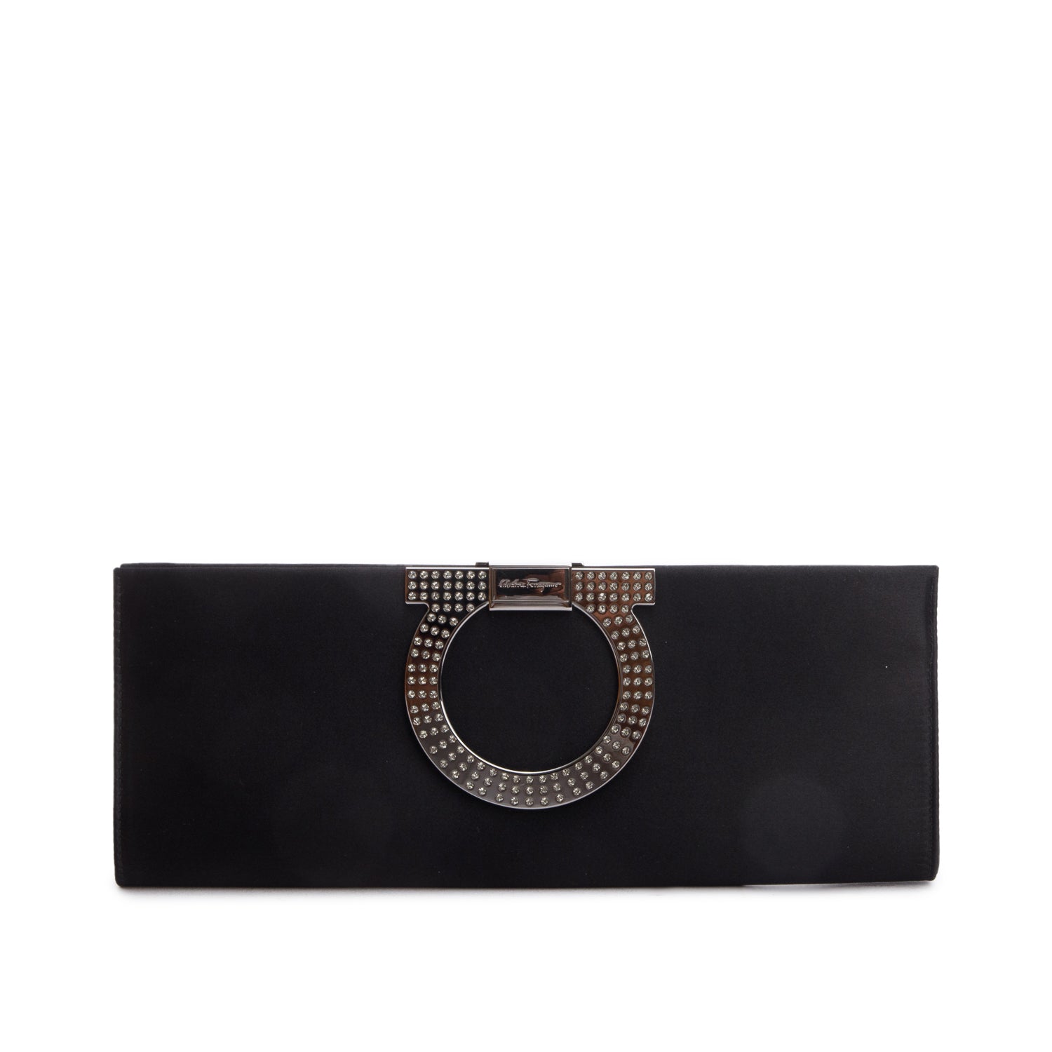 Ferragamo Black Satin Leather Musa Clutch Bag