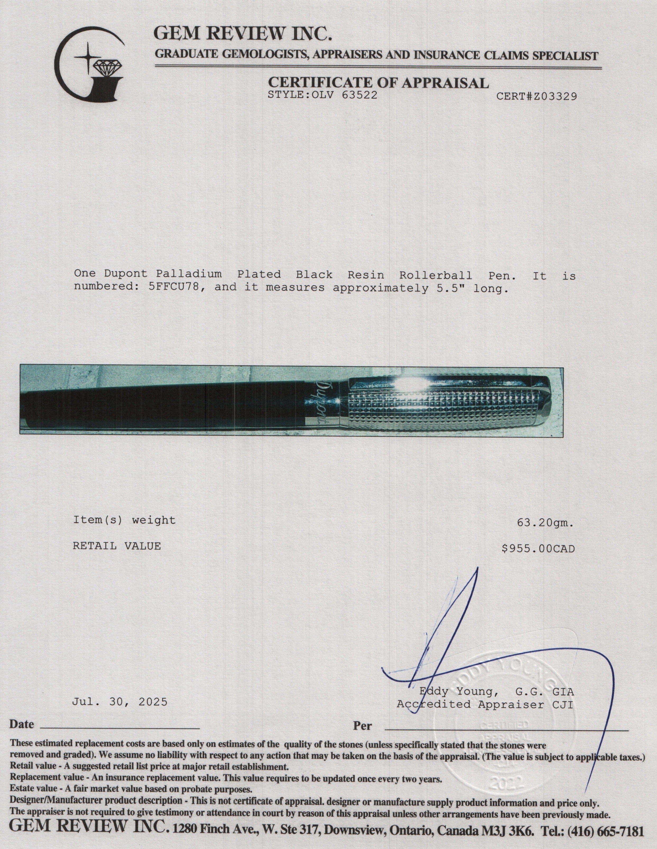 Dupont Palladium Plated Black Resin Rollerball Pen