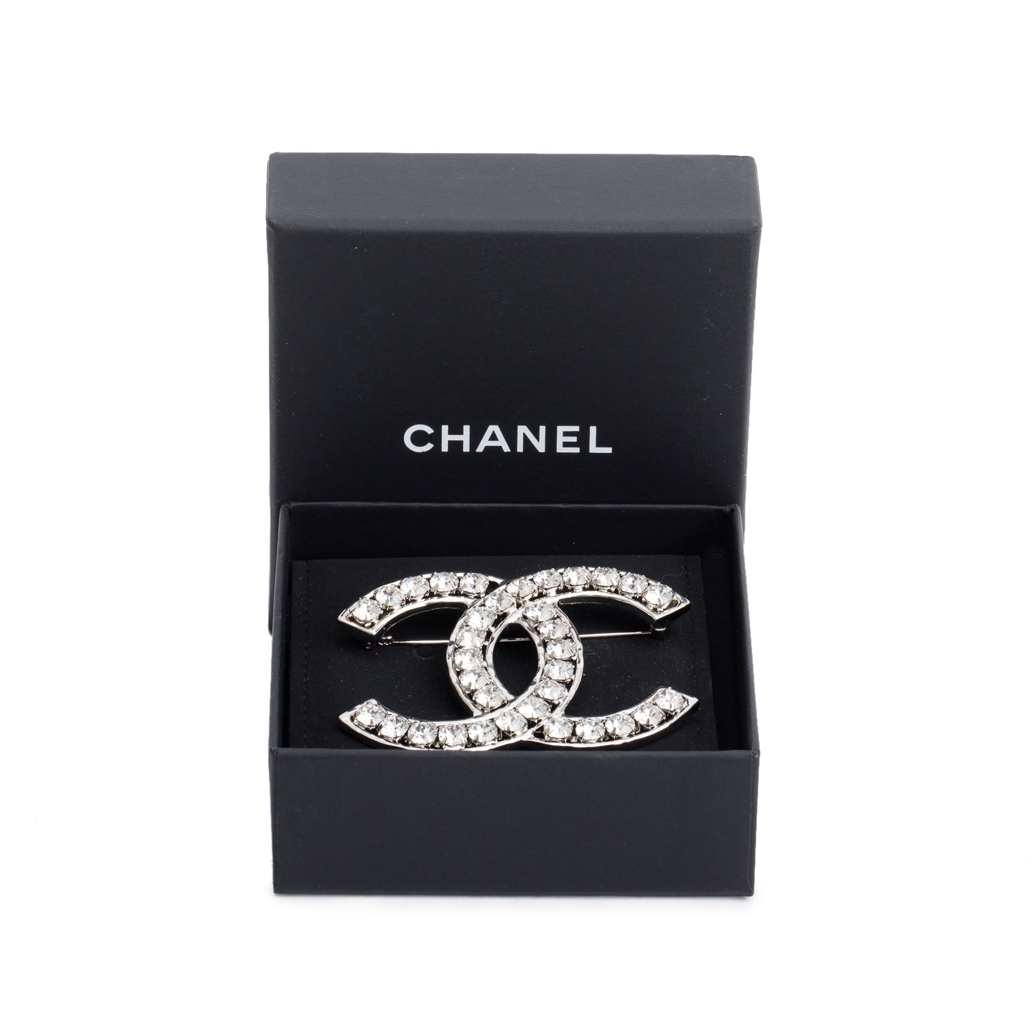 Chanel 2023 Palladium Plated Strass Large CC Brooch w/ Box