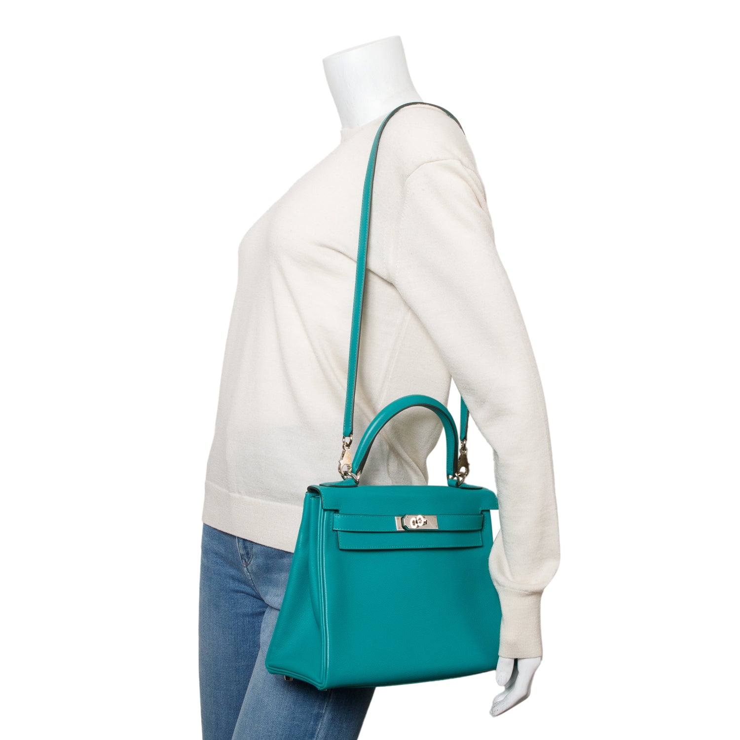 Hermes Bleu Paon & Blue Azteque Evercolor Kelly II Retourne 28 w/ Strap & Box