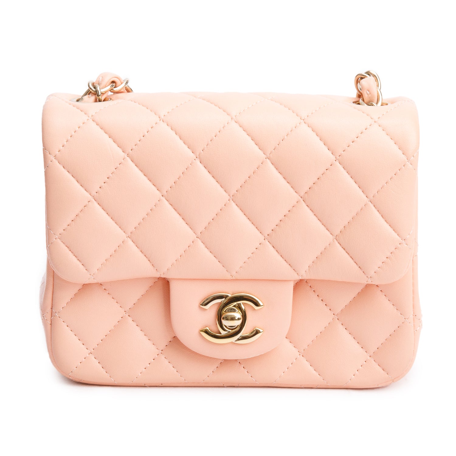 Chanel 2022 Peach Quilted Lambskin Leather Classic Square Mini Flap Bag w/Box & Receipt