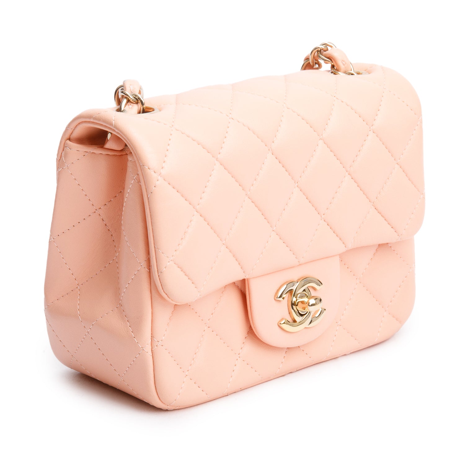 Chanel 2022 Peach Quilted Lambskin Leather Classic Square Mini Flap Bag w/Box & Receipt