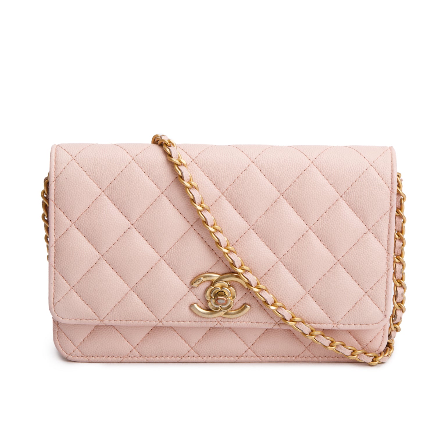 Chanel 2024 Pink Quilted Caviar Leather Camellia Classic Wallet on Chain w/ Box & Receipt