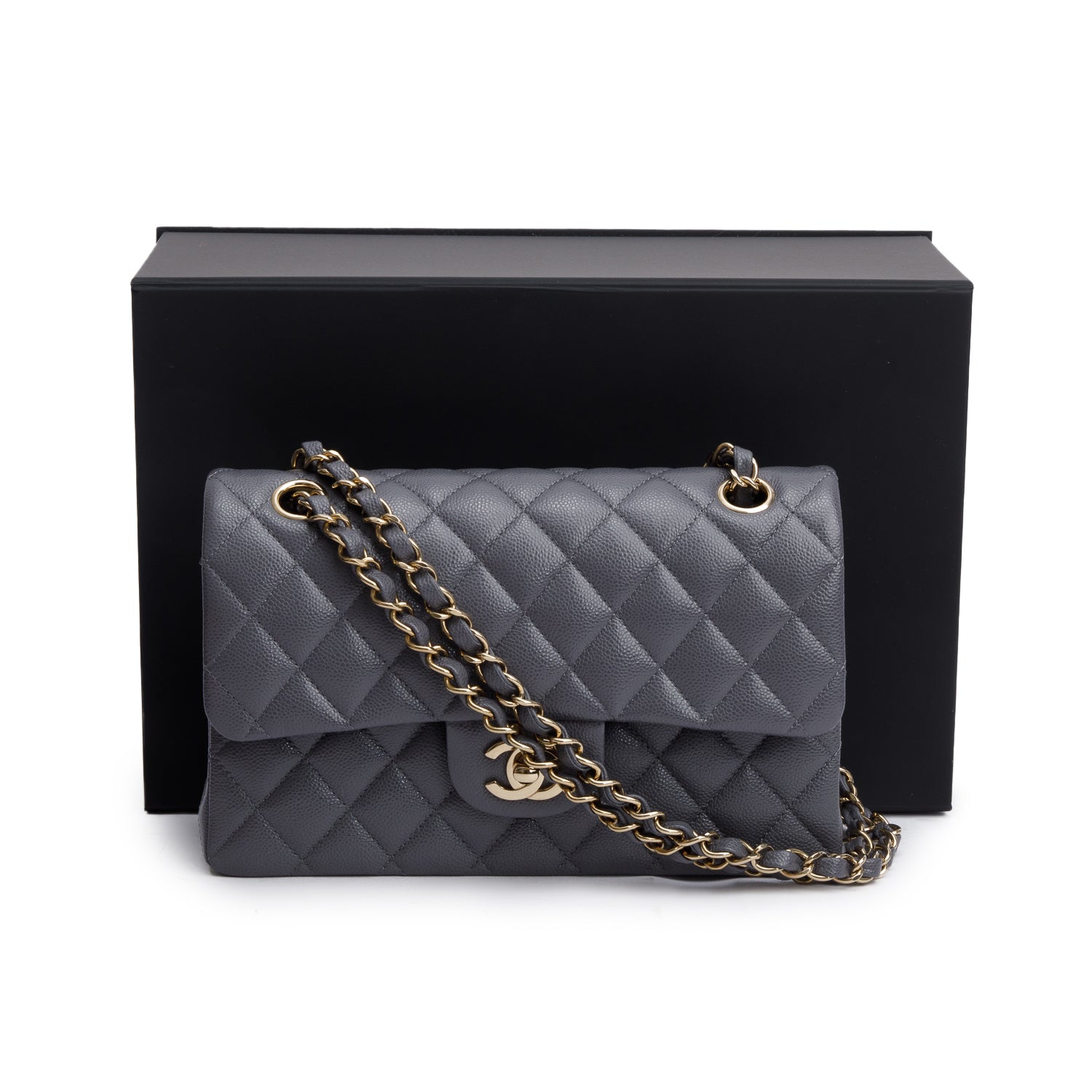 Chanel 2024 Grey Quilted Caviar Leather Classic Small Double Flap Bag w/ Box & Receipt