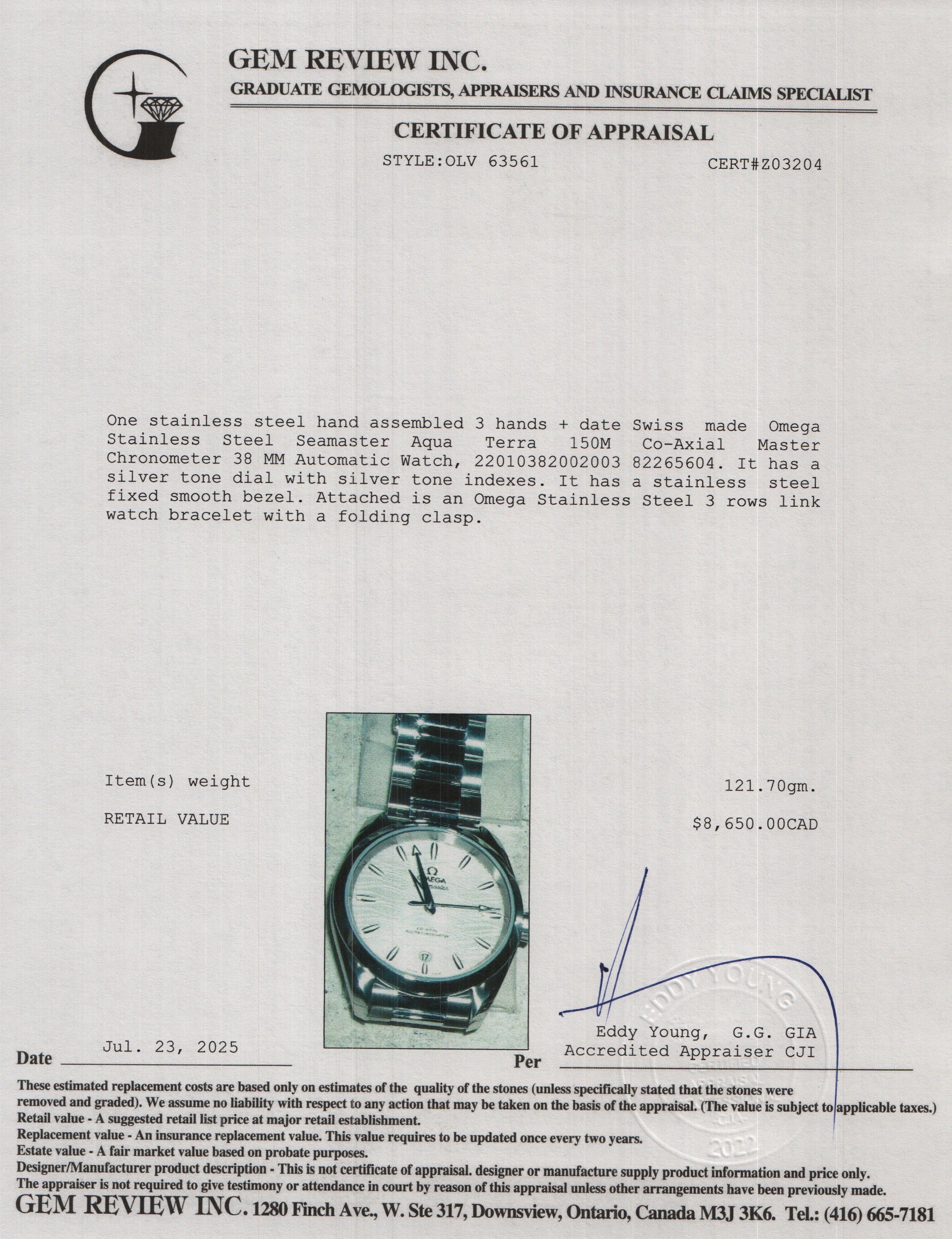 Omega Stainless Steel Seamaster Aqua Terra 150M Co-Axial Master Chronometer 38 MM Automatic Watch Silver Dial w/ Box & Papers