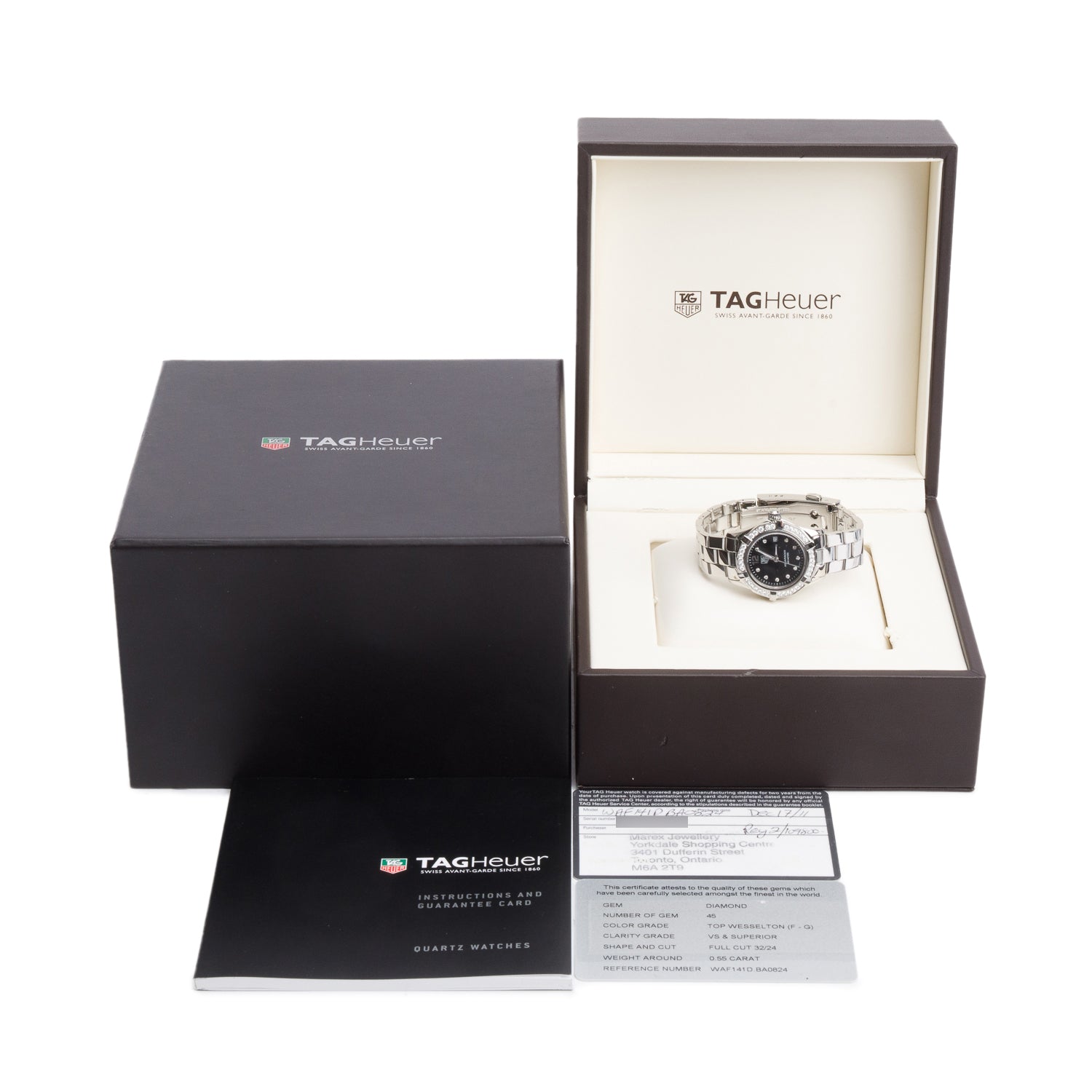 Tag Heuer Stainless Steel Diamond Bezel Aquaracer 27 MM Quartz Watch Black Diamond Dial WAF141D w/ Box & Papers