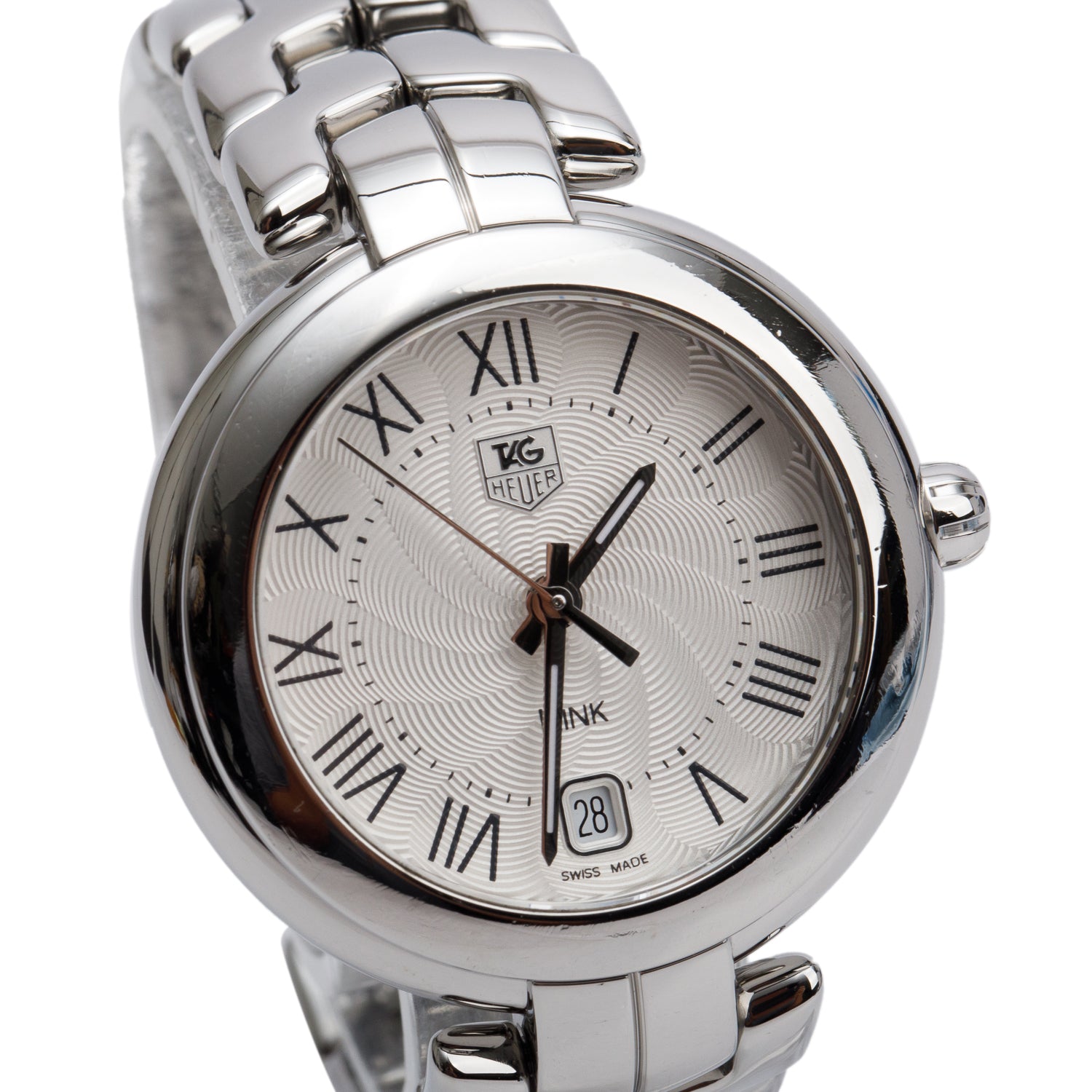 Tag Heuer Stainless Steel Link 34.5 MM Quartz Watch Guilloche Silver Dial WAT1314 w/ Box