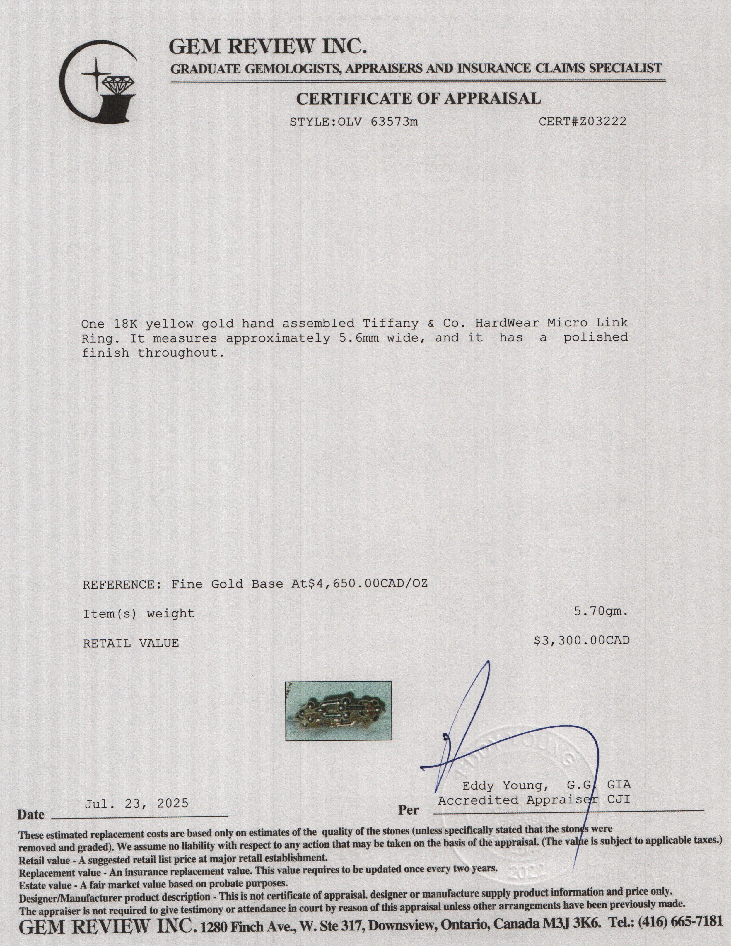 Tiffany & Co. 18k Yellow Gold HardWear Micro Link Ring, Size 4.5 w/ Box