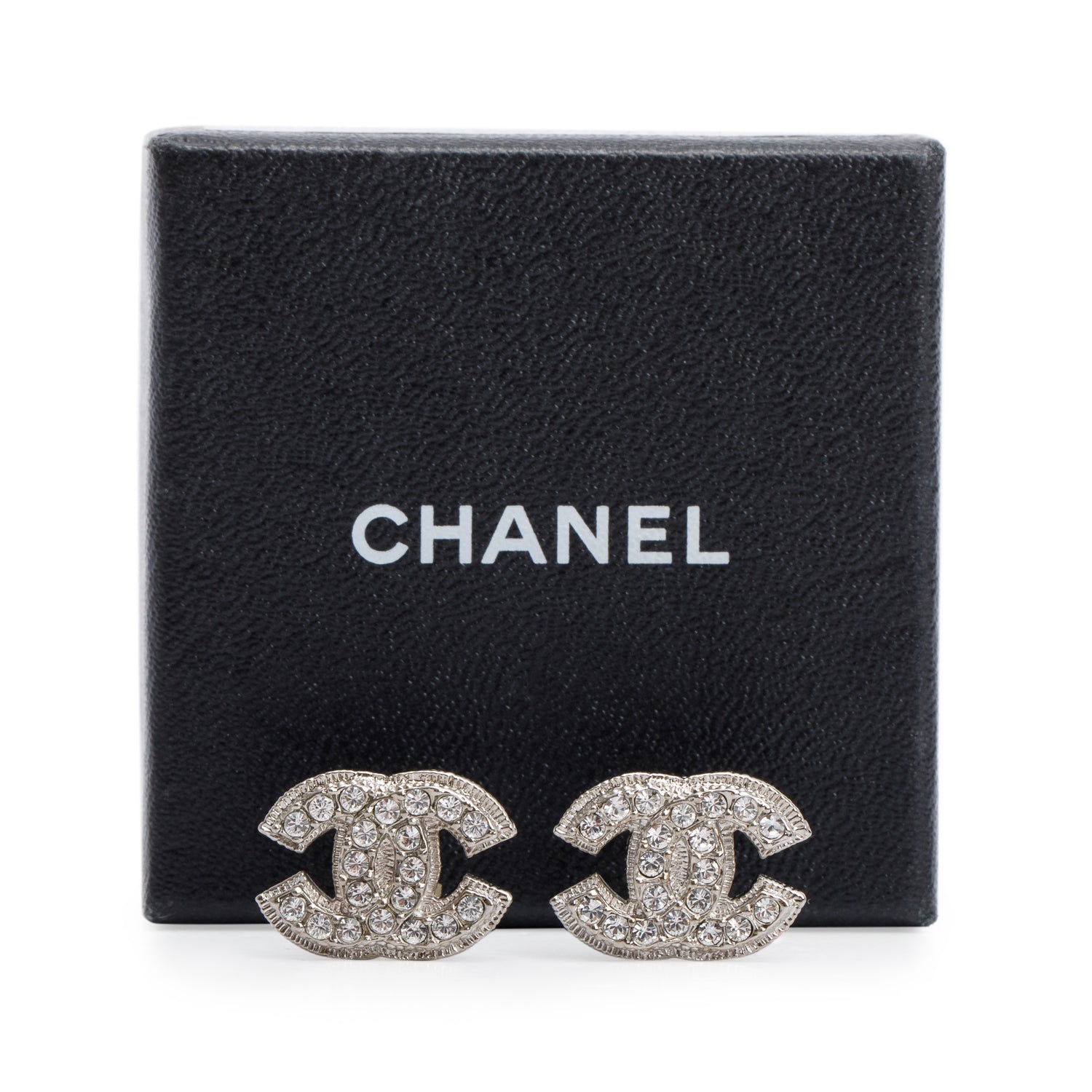 Chanel Palladium-Plated Strass CC Stud Clip-On Earrings w/ Box