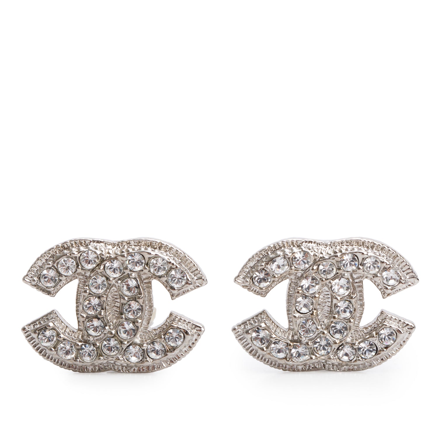 Chanel Palladium-Plated Strass CC Stud Clip-On Earrings w/ Box