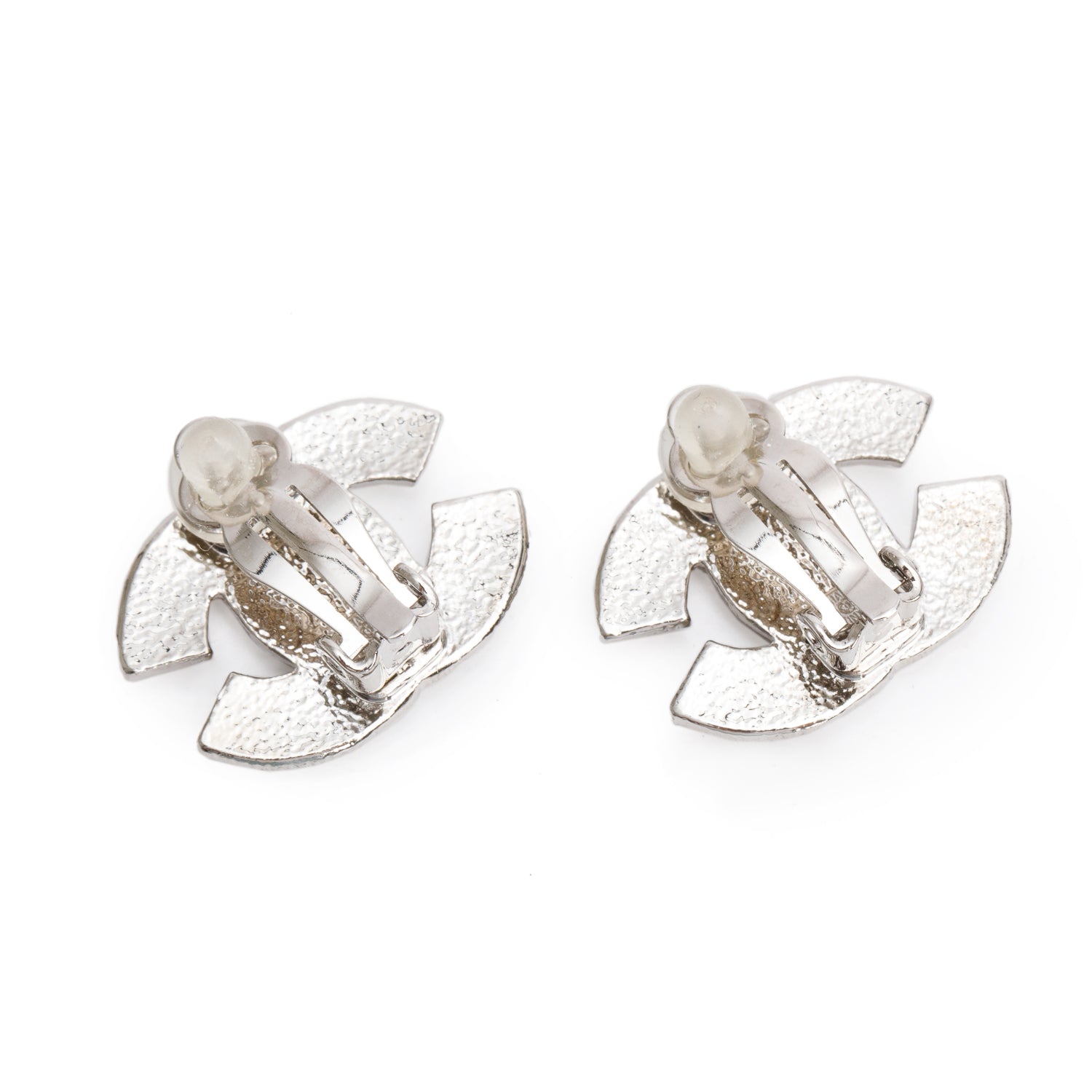 Chanel Palladium-Plated Strass CC Stud Clip-On Earrings w/ Box