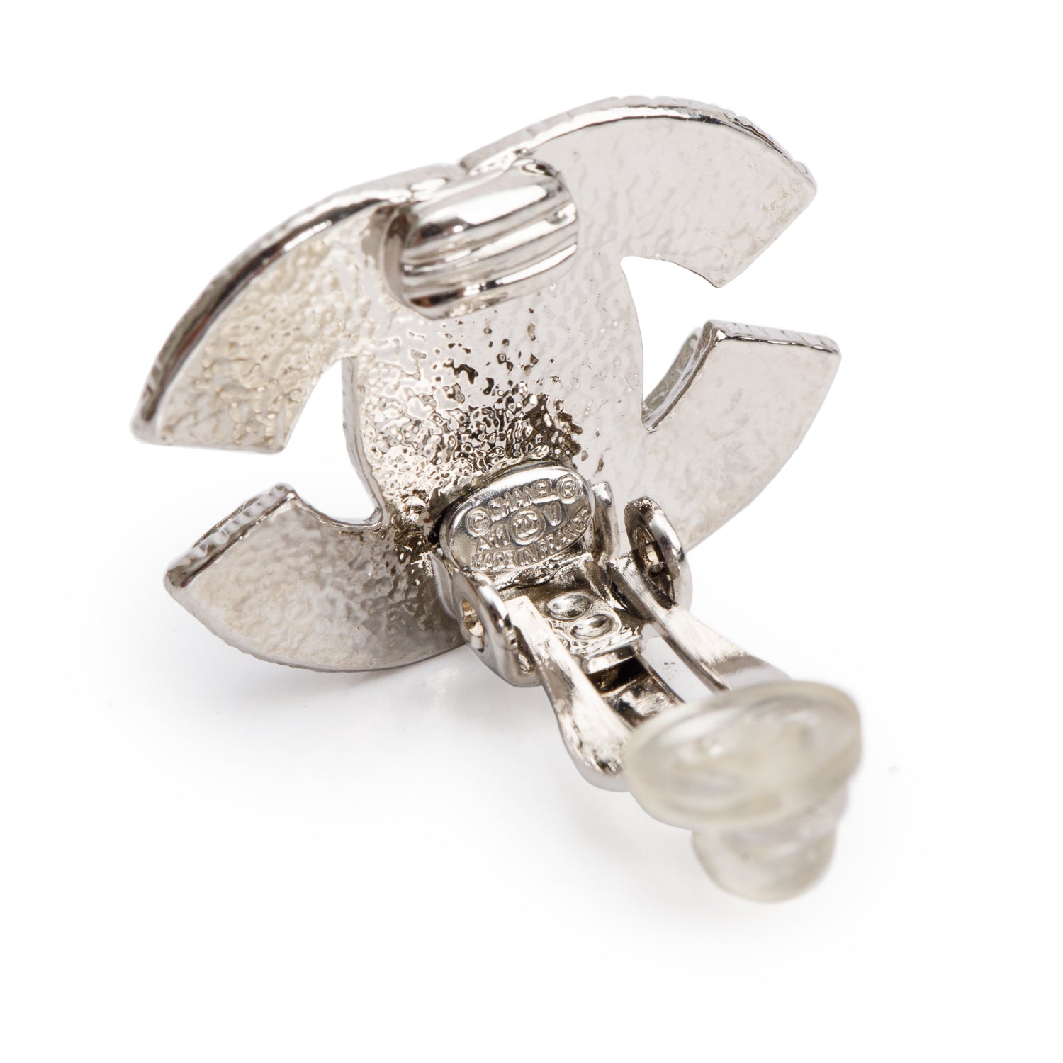Chanel Palladium-Plated Strass CC Stud Clip-On Earrings w/ Box