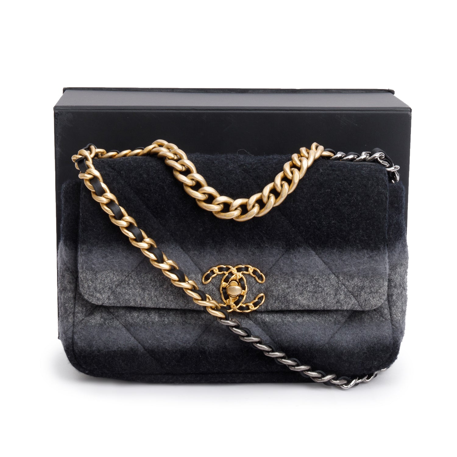 Chanel 2021 Black & Grey Wool Medium 19 Flap Bag w/ Box & Receipt