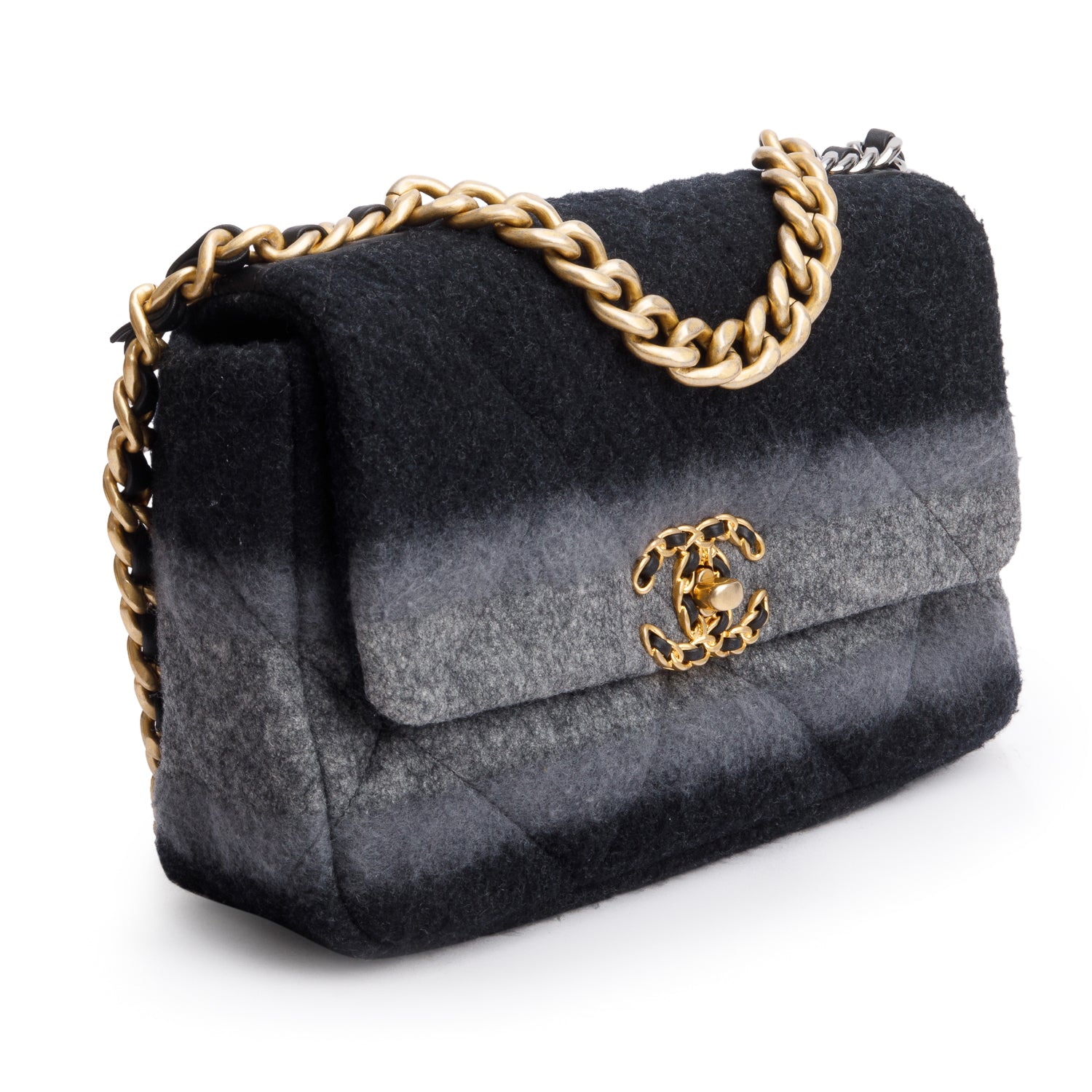 Chanel 2021 Black & Grey Wool Medium 19 Flap Bag w/ Box & Receipt