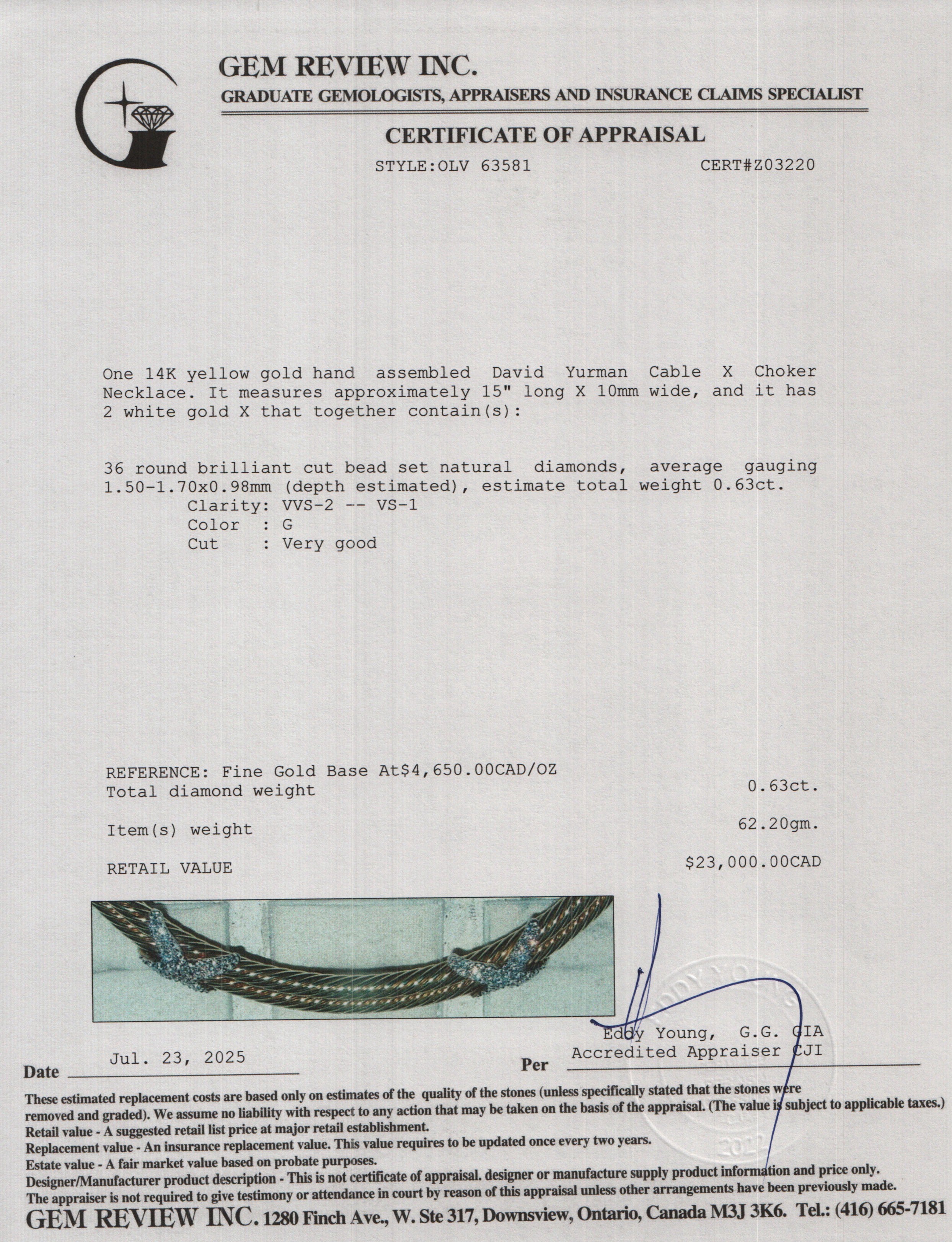 David Yurman 14k Yellow Gold Diamond Cable X Choker Necklace