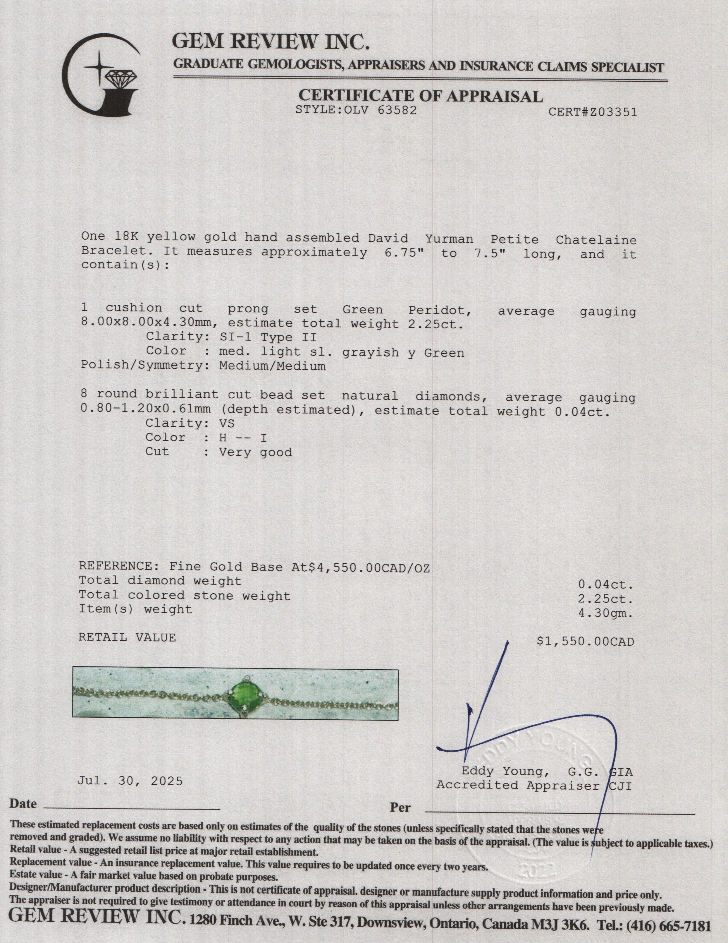 David Yurman 18k Yellow Gold Peridot & Diamond Petite Chatelaine Bracelet