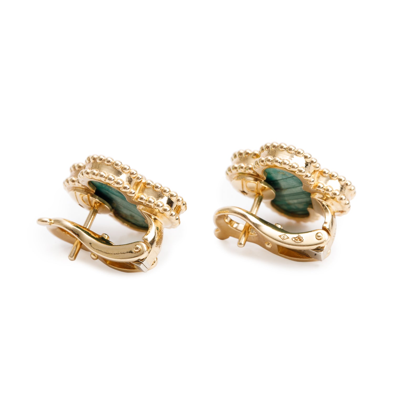 Van Cleef & Arpels 18k Yellow Gold Vintage Alhambra Malachite Stud Earrings w/ Receipt