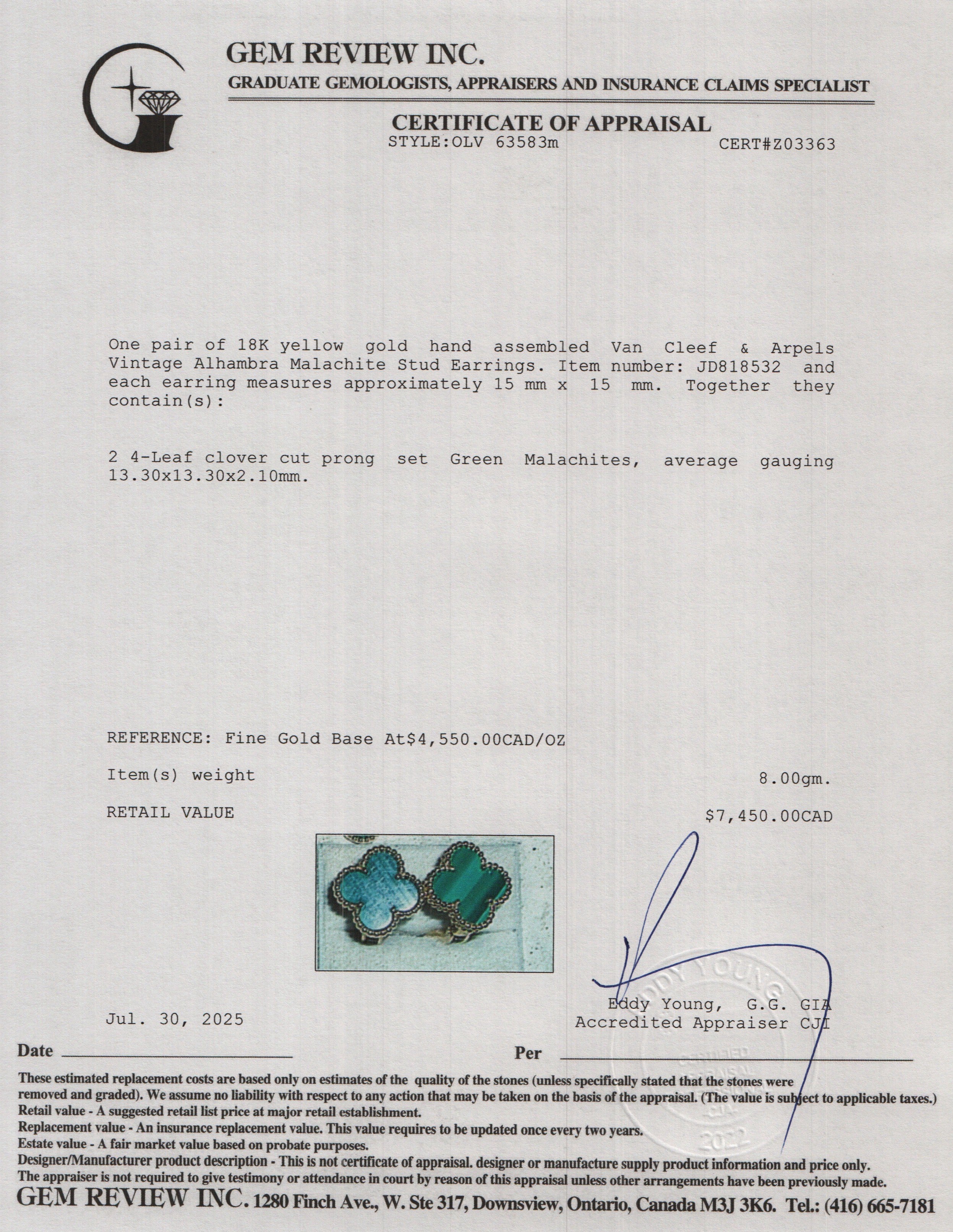 Van Cleef & Arpels 18k Yellow Gold Vintage Alhambra Malachite Stud Earrings w/ Receipt