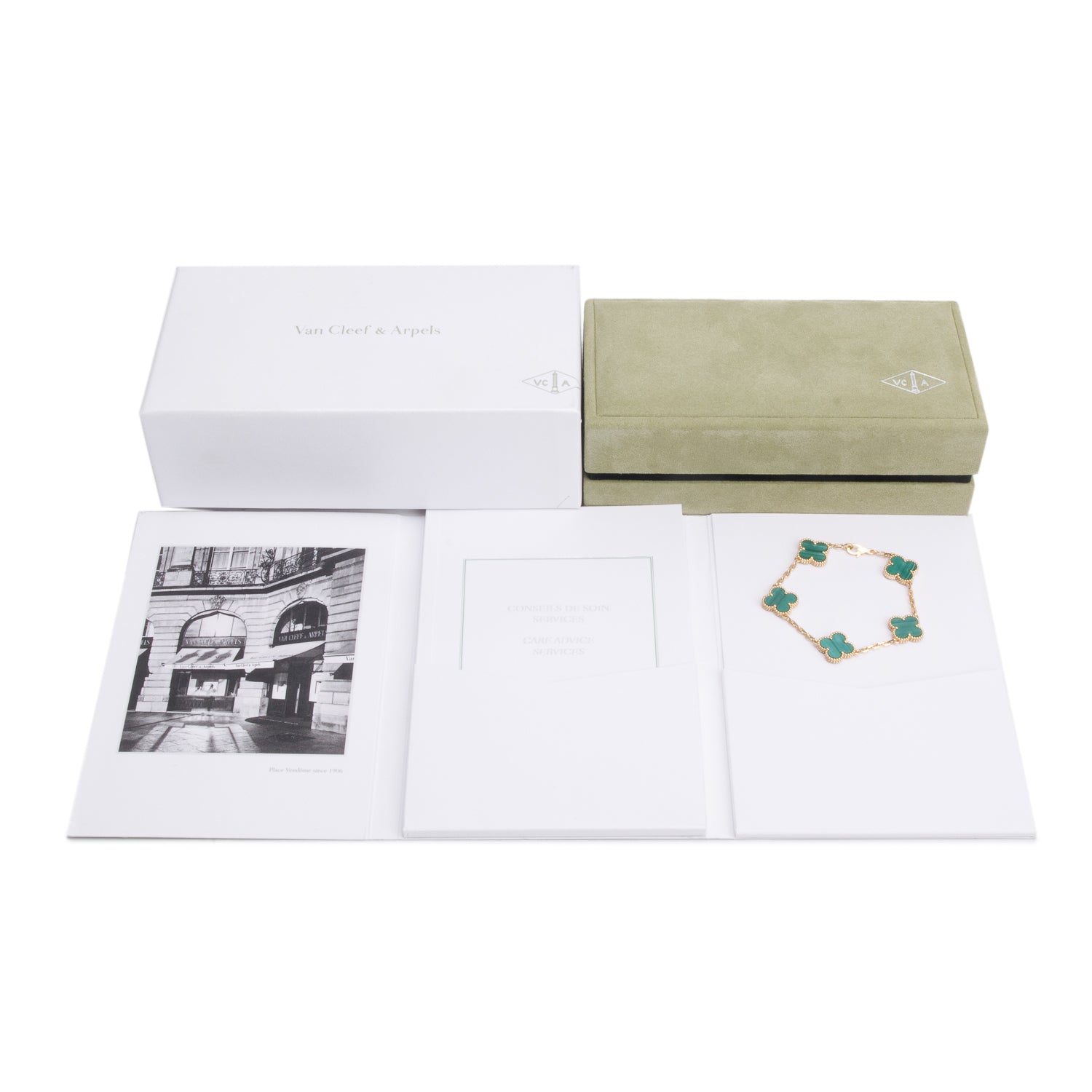 Van Cleef & Arpels 2024 18k Yellow Gold Vintage 5 Motif Malachite Bracelet w/ Box & Receipt