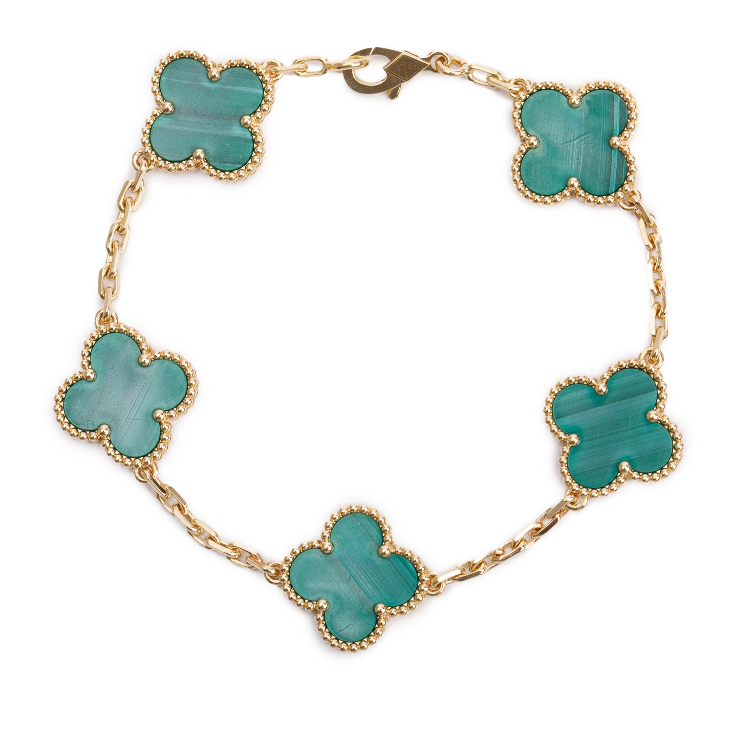 Van Cleef & Arpels 2024 18k Yellow Gold Vintage 5 Motif Malachite Bracelet w/ Box & Receipt