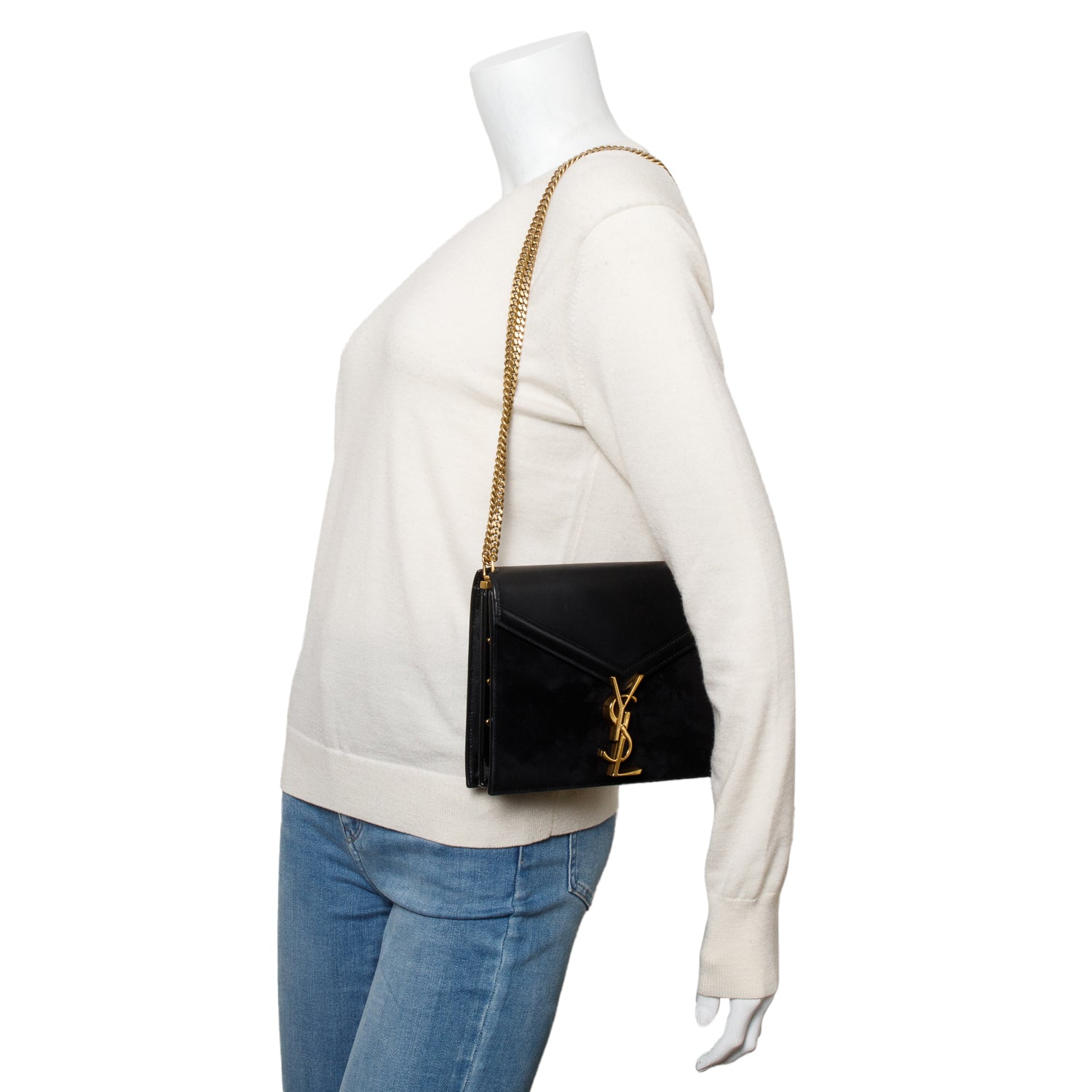 Saint Laurent Black Smooth Leather Suede Medium Cassandra Chain Shoulder Bag