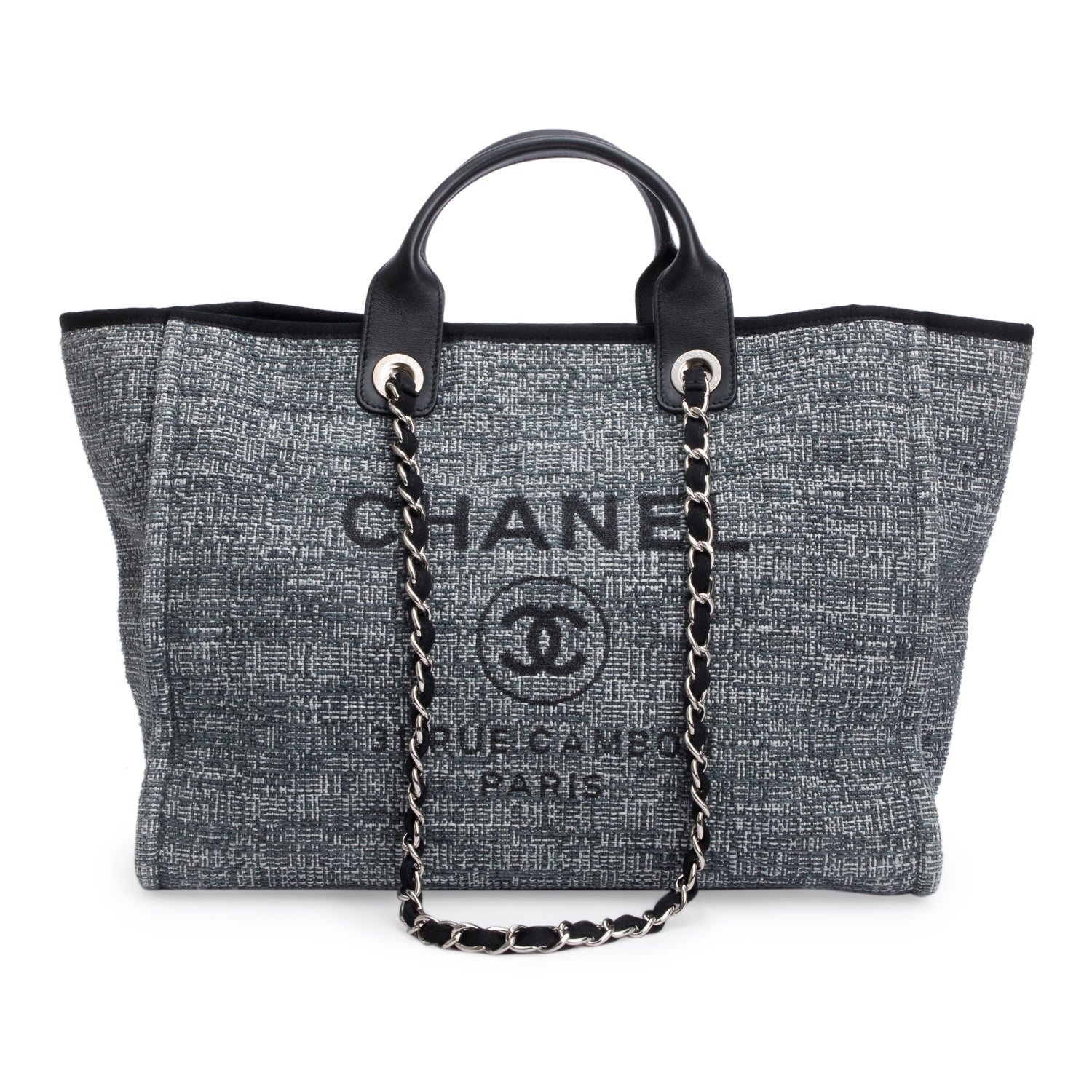 Chanel Grey Canvas Black Calfskin Leather Trim Medium Deauville Shopping Tote w/ Authenticity Card