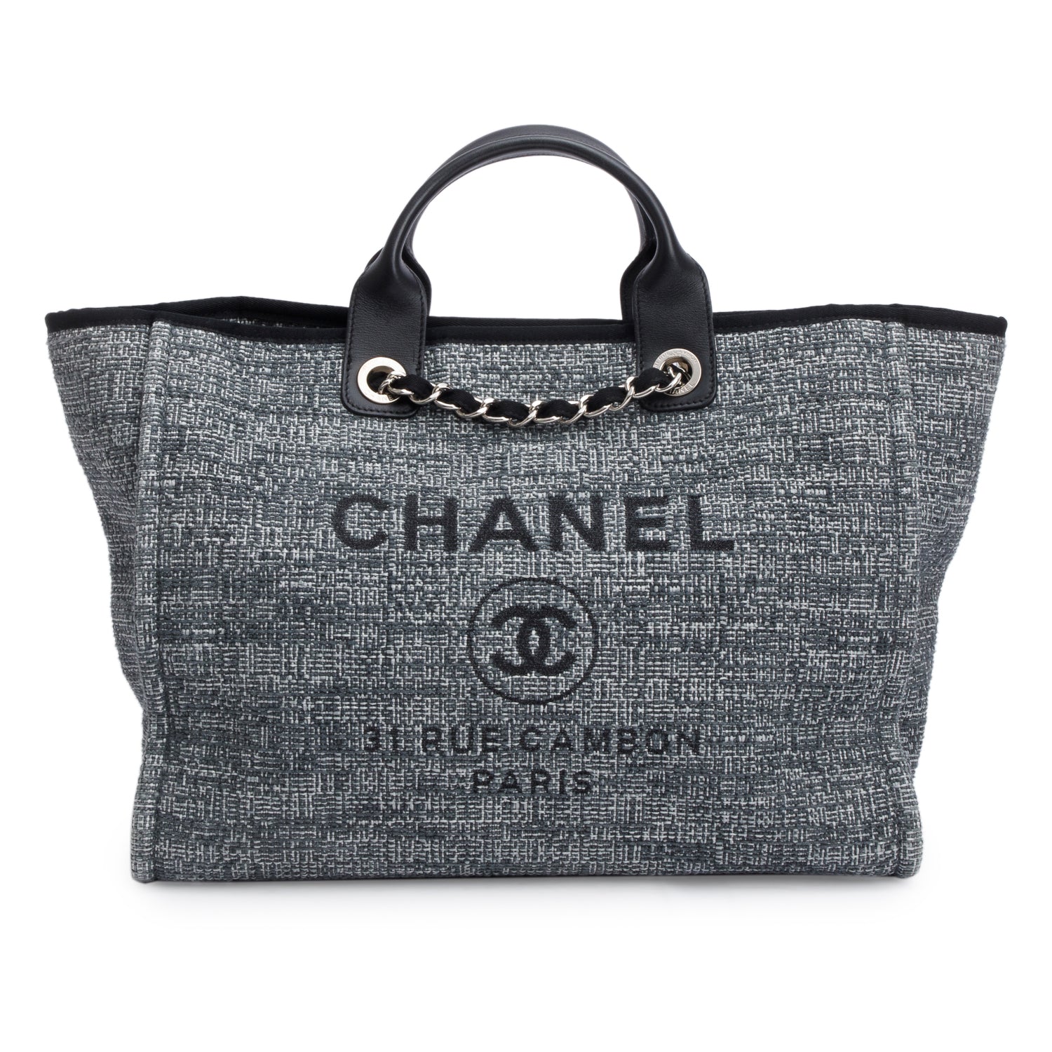Chanel Grey Canvas Black Calfskin Leather Trim Medium Deauville Shopping Tote w/ Authenticity Card