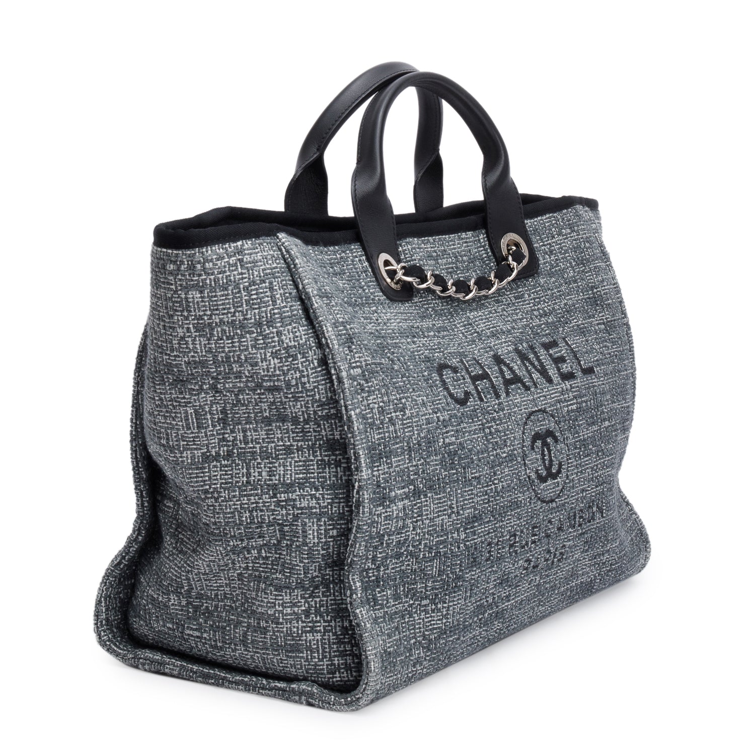 Chanel Grey Canvas Black Calfskin Leather Trim Medium Deauville Shopping Tote w/ Authenticity Card