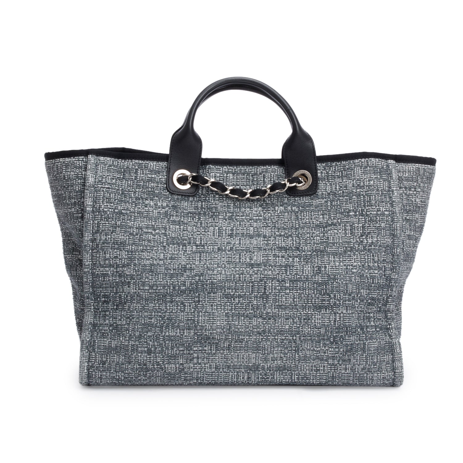 Chanel Grey Canvas Black Calfskin Leather Trim Medium Deauville Shopping Tote w/ Authenticity Card