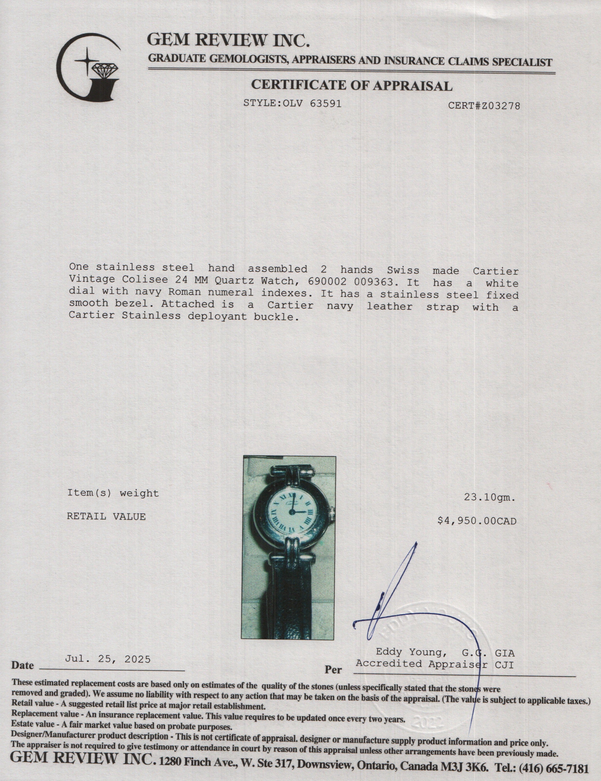 Cartier Vintage Stainless Steel Colisee 24 MM Quartz Watch White Dial w/ Box & Papers