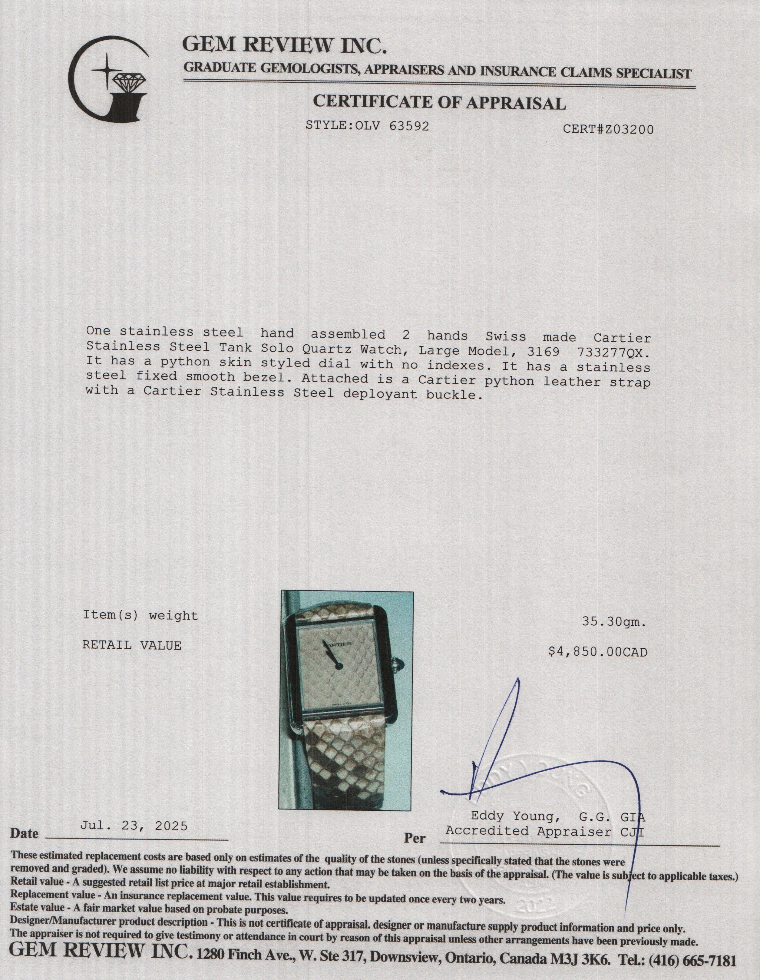 Cartier Stainless Steel Tank Solo Quartz Watch, Large Model Python Strap & Dial 3169 w/ Box