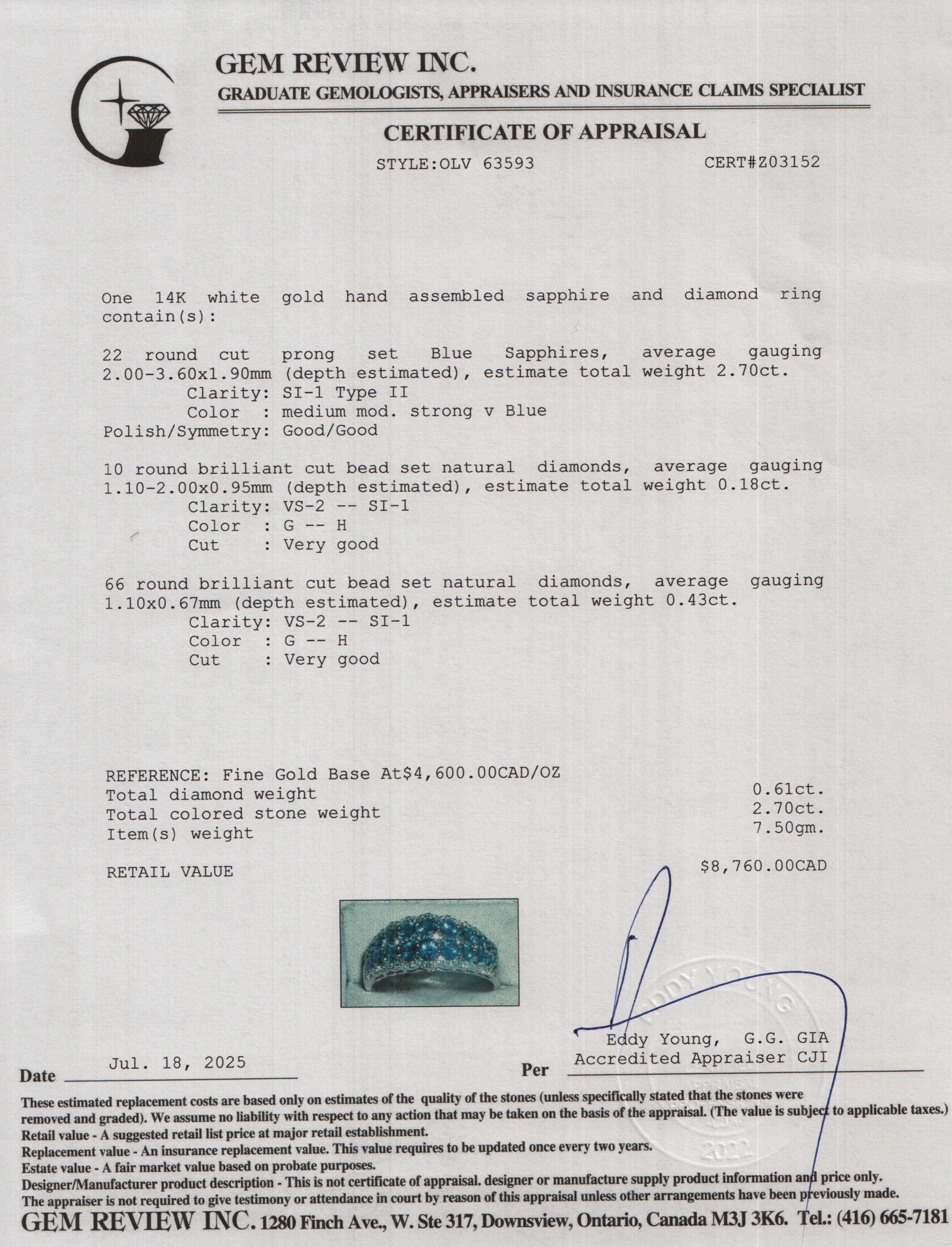 14k White Gold Blue Sapphire & Diamond Ring, Size 11.25